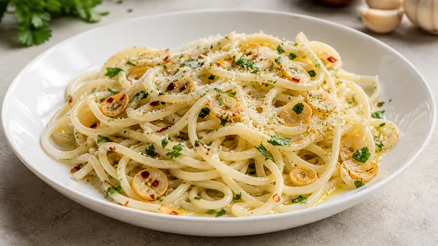Keto Palmherz-Pasta Aglio e Olio auf einem weißen Teller: Palmherz-Spaghetti mit goldgelbem Knoblauch-Olivenöl, Chiliflocken und Petersilie