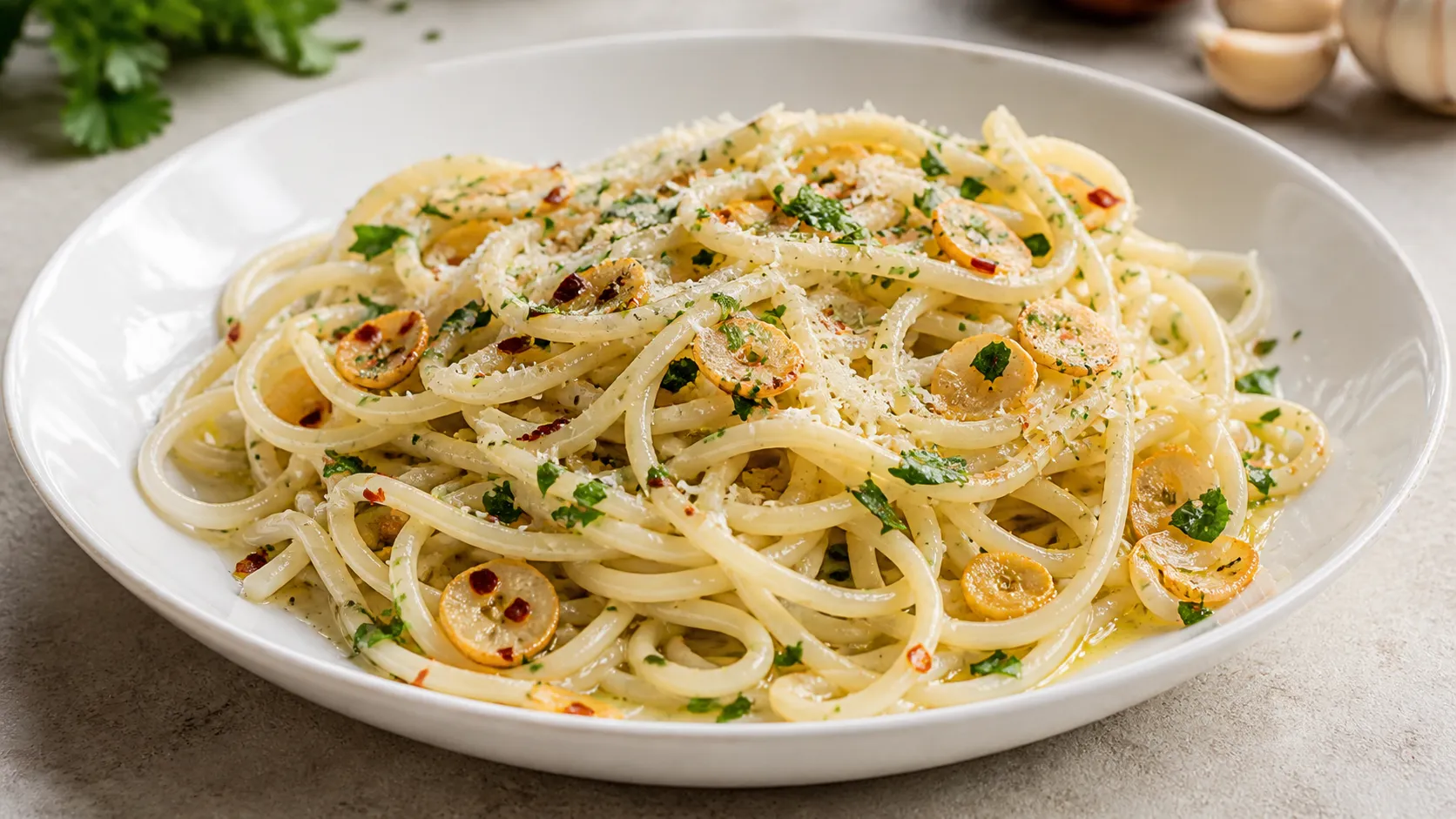 Keto Palmherz-Pasta Aglio e Olio auf einem weißen Teller: Palmherz-Spaghetti mit goldgelbem Knoblauch-Olivenöl, Chiliflocken und Petersilie