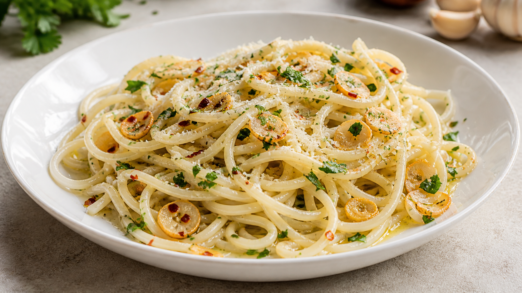 Keto Palmherz-Pasta Aglio e Olio auf einem weißen Teller: Palmherz-Spaghetti mit goldgelbem Knoblauch-Olivenöl, Chiliflocken und Petersilie