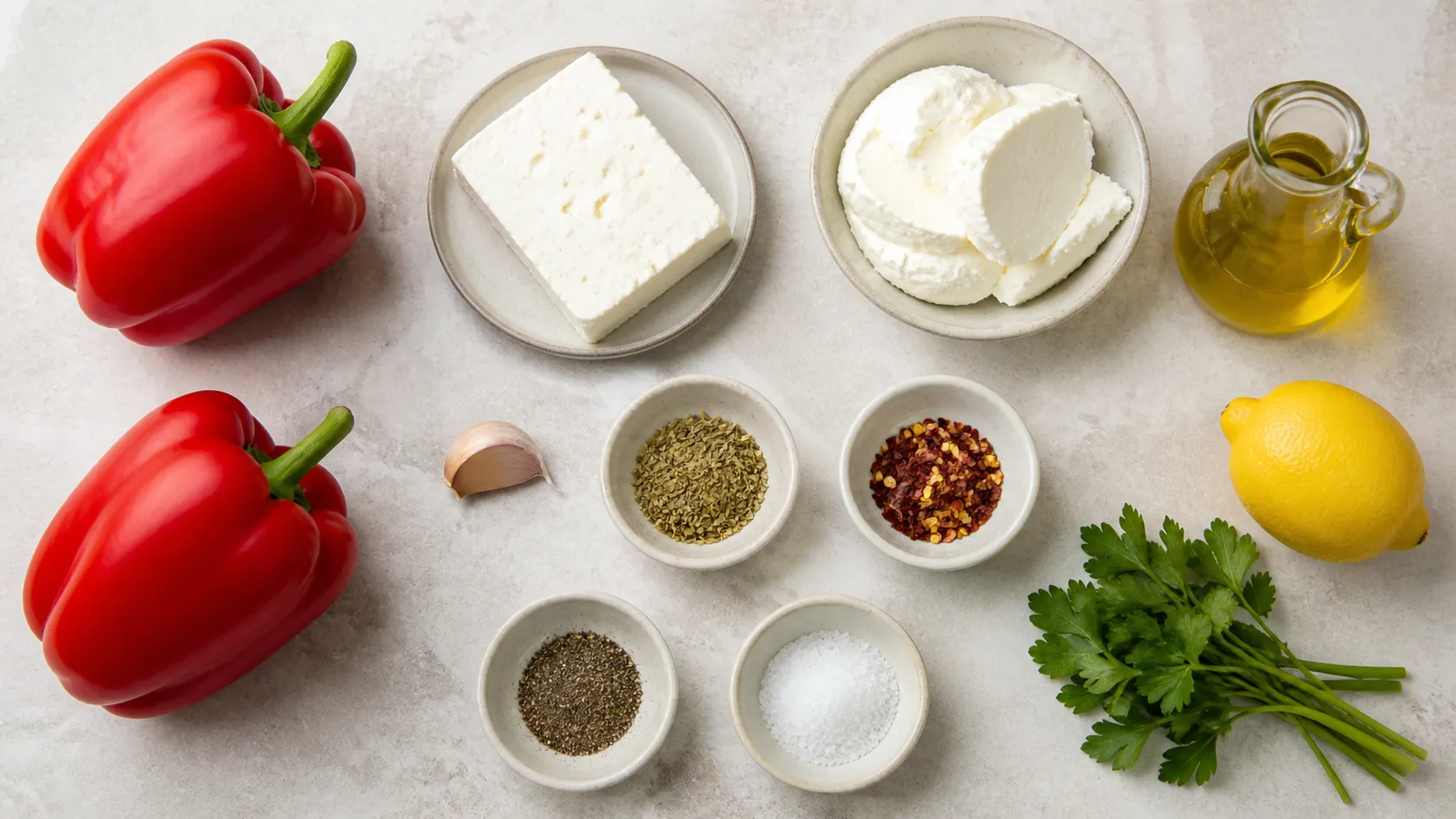 Zutaten für Keto Paprika-Feta-Dip: rote Paprika, Feta-Käse, Frischkäse, Olivenöl, Zitrone, Knoblauch und Chiliflocken