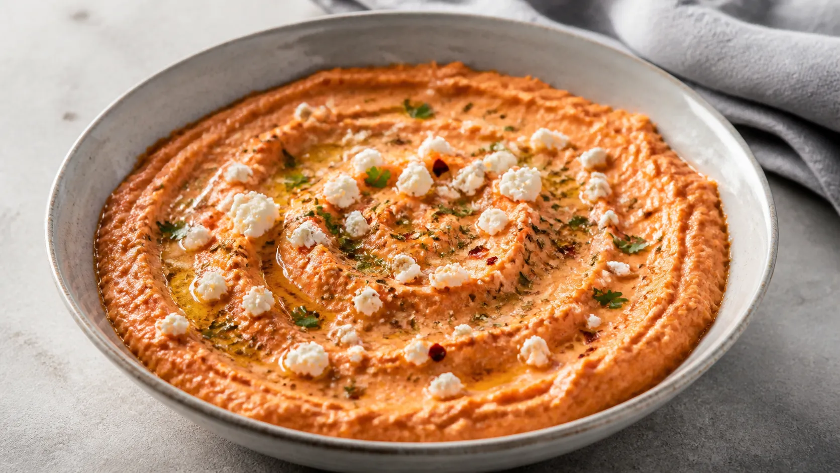 Schale mit cremig-rosafarbenem Keto Paprika-Feta-Dip, beträufelt mit Olivenöl und bestreut mit Chiliflocken
