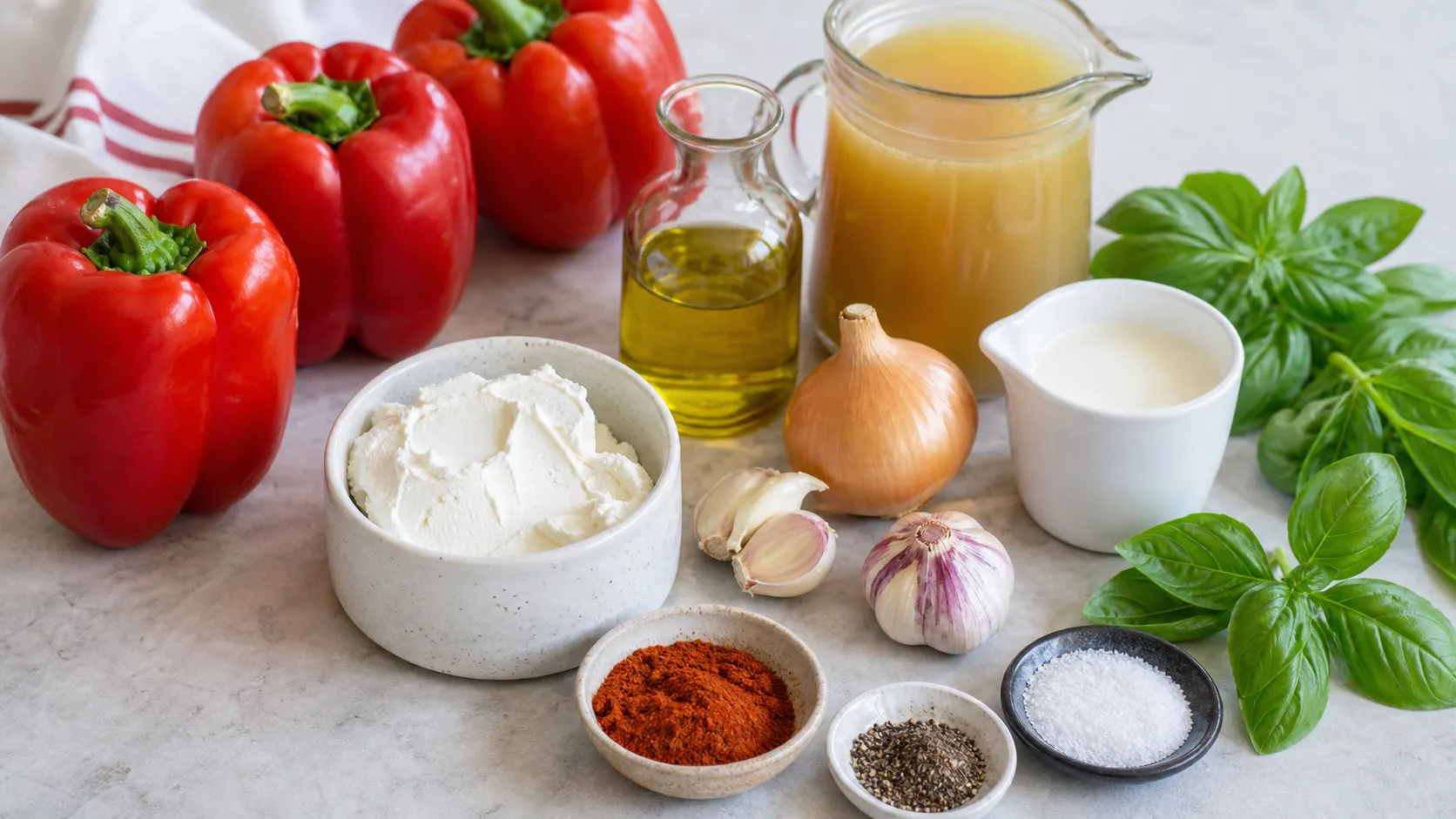 Zutaten für Keto-Paprika-Frischkäse-Suppe mit roter Paprika, Frischkäse, Sahne, Olivenöl, Zwiebel, Knoblauch und Basilikum