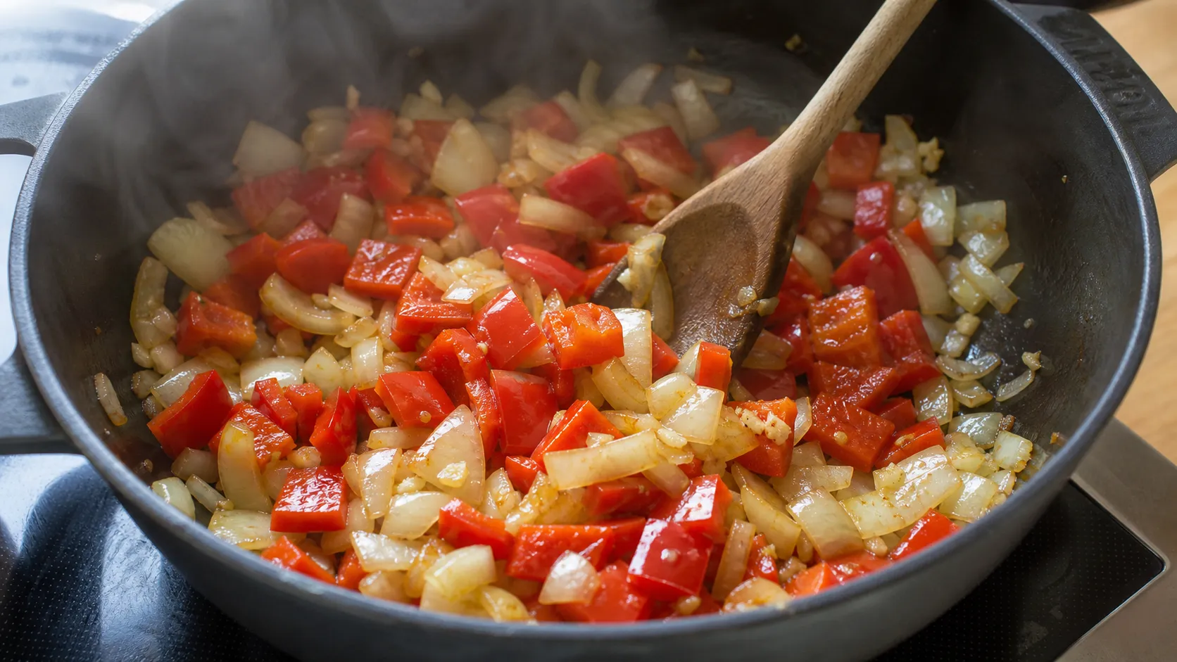 Rote Paprika, Zwiebel und Knoblauch werden in einem Topf für die Keto-Paprika-Frischkäse-Suppe angeröstet