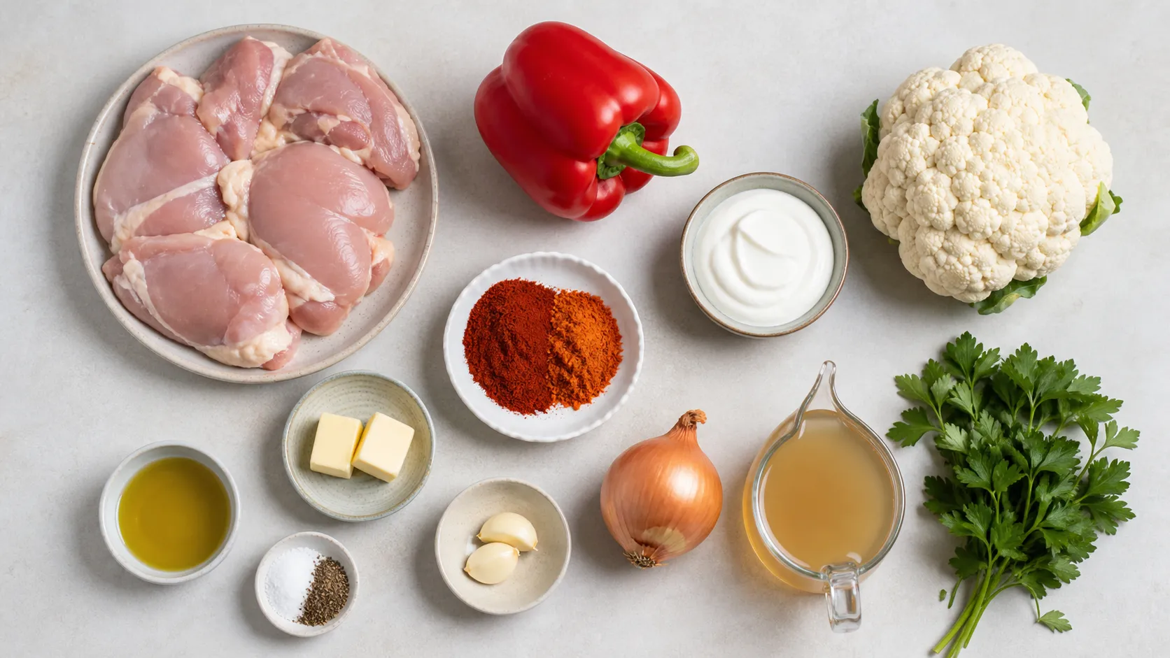 Zutaten für Keto Paprikahuhn: Hähnchenschenkel ohne Knochen, rote Paprika, Zwiebeln, Knoblauch, Paprikapulver und Schmand