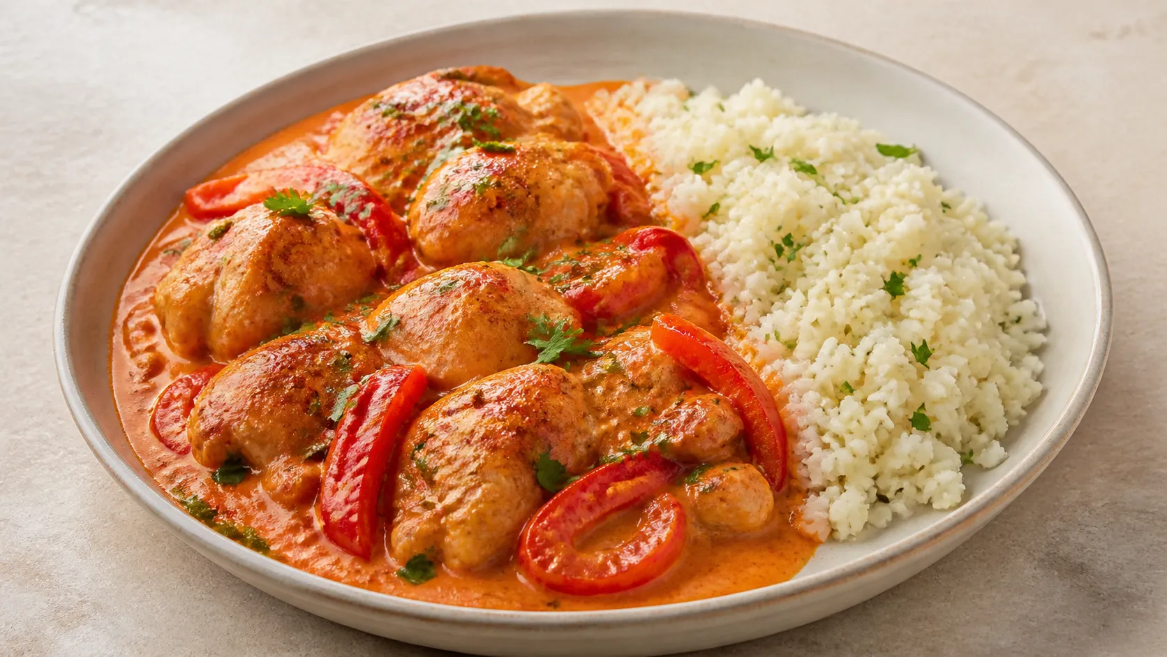 Keto Paprikahuhn in cremiger Paprika-Rahmsauce mit Paprikastreifen, serviert neben Blumenkohlreis und Petersilie