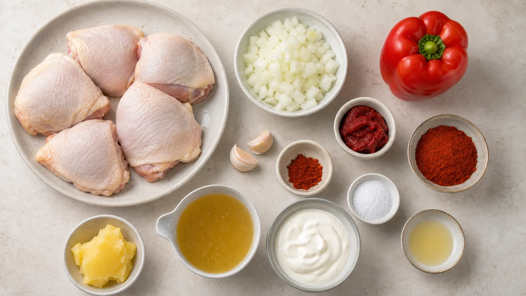 Zutaten für Keto Paprikahuhn: Hähnchenschenkel mit Haut, Zwiebeln, rote Paprika, Paprikapulver und Schmand
