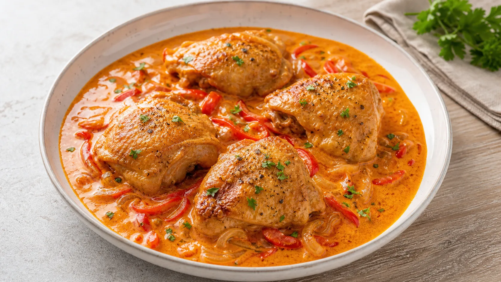 Keto Paprikahuhn: geschmorte Hähnchenschenkel in cremiger Paprikasauce mit Schmand