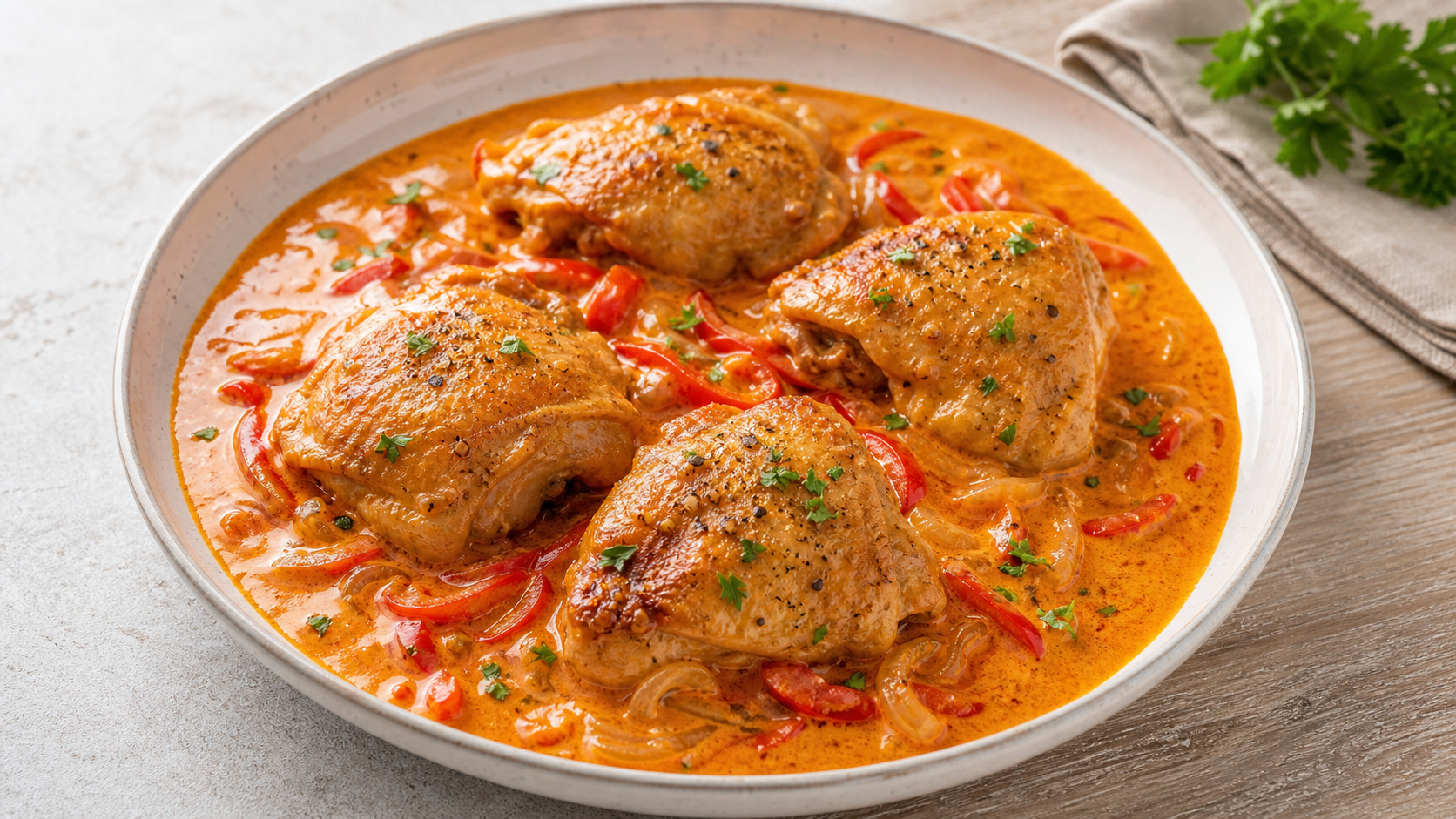 Keto Paprikahuhn: geschmorte Hähnchenschenkel in cremiger Paprikasauce mit Schmand
