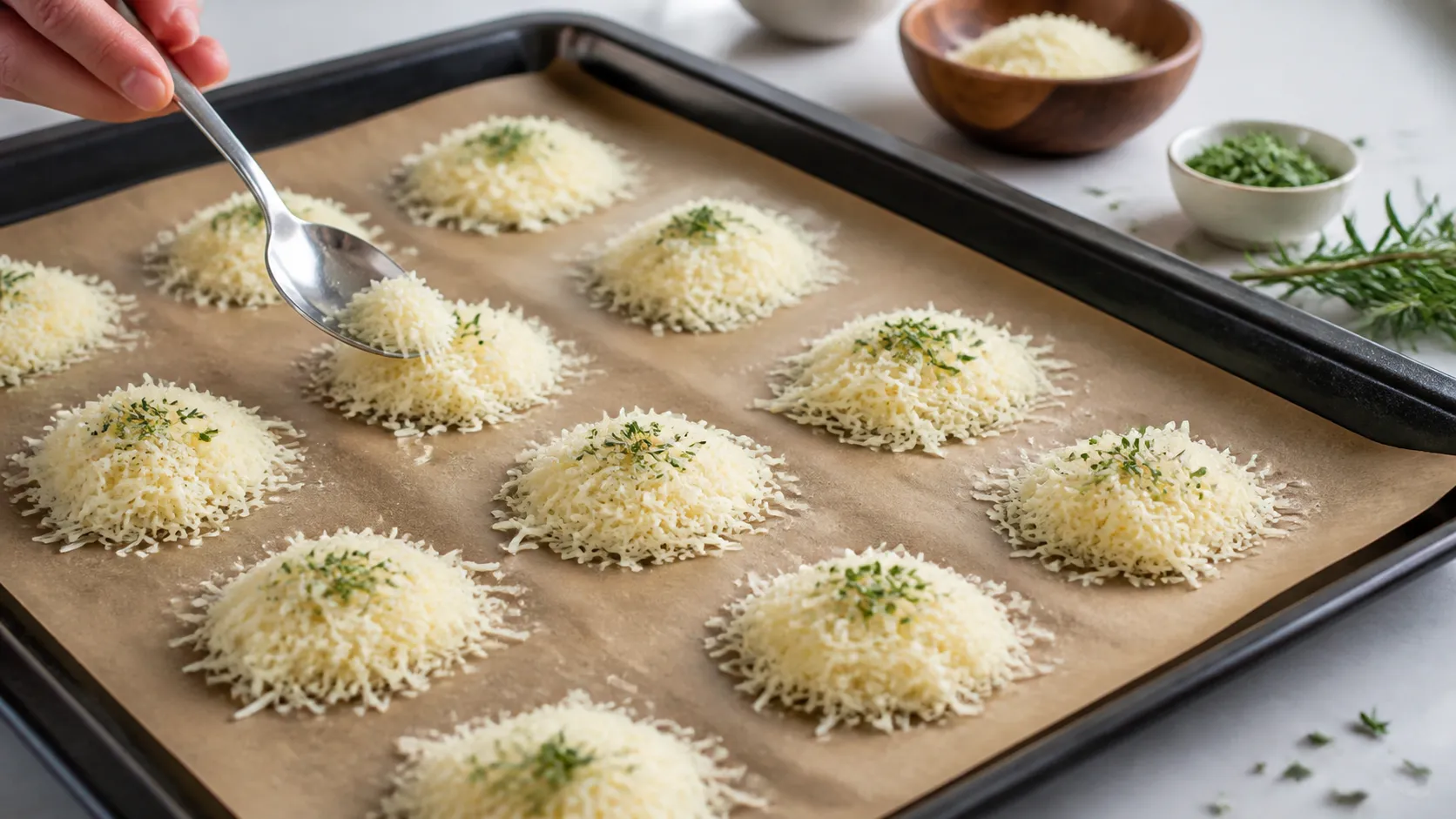 Kleine Häufchen aus geriebenem Parmesan mit Rosmarin liegen auf Backpapier und sind bereit zum Backen