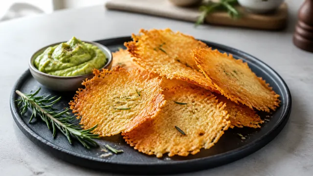 Goldbraune Keto Parmesan-Chips mit gehacktem Rosmarin auf einem dunklen Schieferbrett, daneben ein Rosmarinzweig