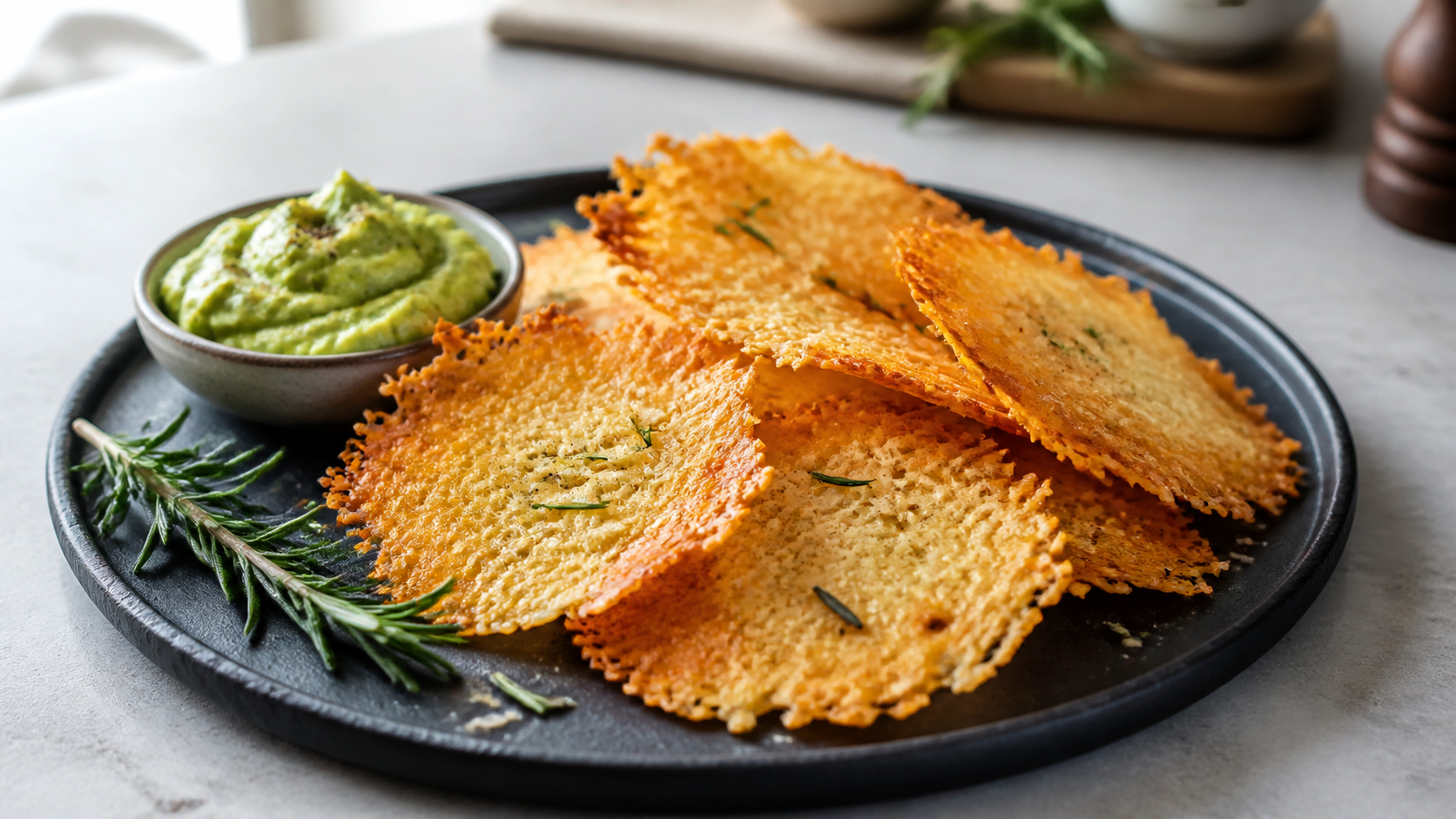 Goldbraune Keto Parmesan-Chips mit gehacktem Rosmarin auf einem dunklen Schieferbrett, daneben ein Rosmarinzweig