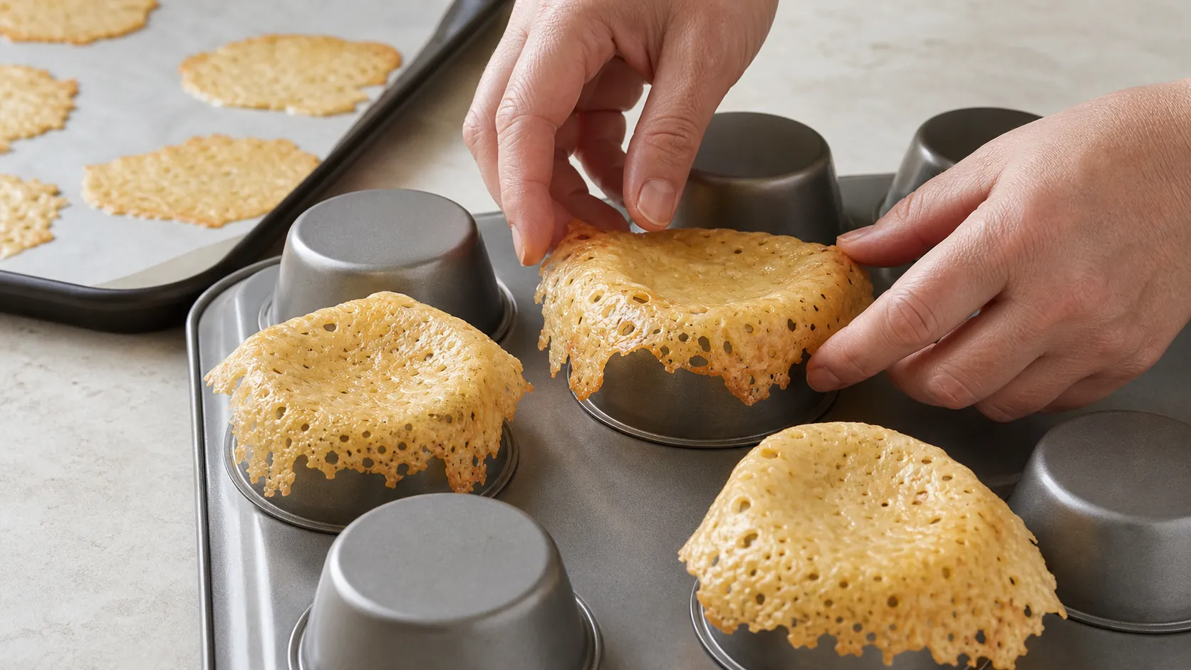 Goldbraun gebackene Parmesan-Taler werden noch heiß über umgedrehte Muffinformen gelegt und zu Körbchen geformt