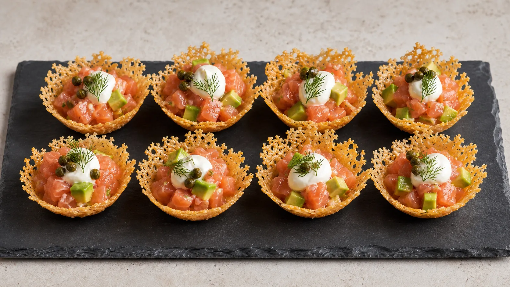 Acht knusprige Parmesan-Körbchen gefüllt mit rosa Lachstatar, Avocadowürfeln, Dillspitzen und Kapern auf einer Schieferplatte