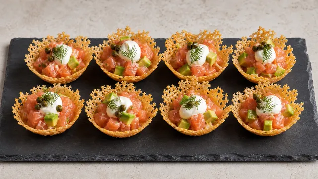 Acht knusprige Parmesan-Körbchen gefüllt mit rosa Lachstatar, Avocadowürfeln, Dillspitzen und Kapern auf einer Schieferplatte