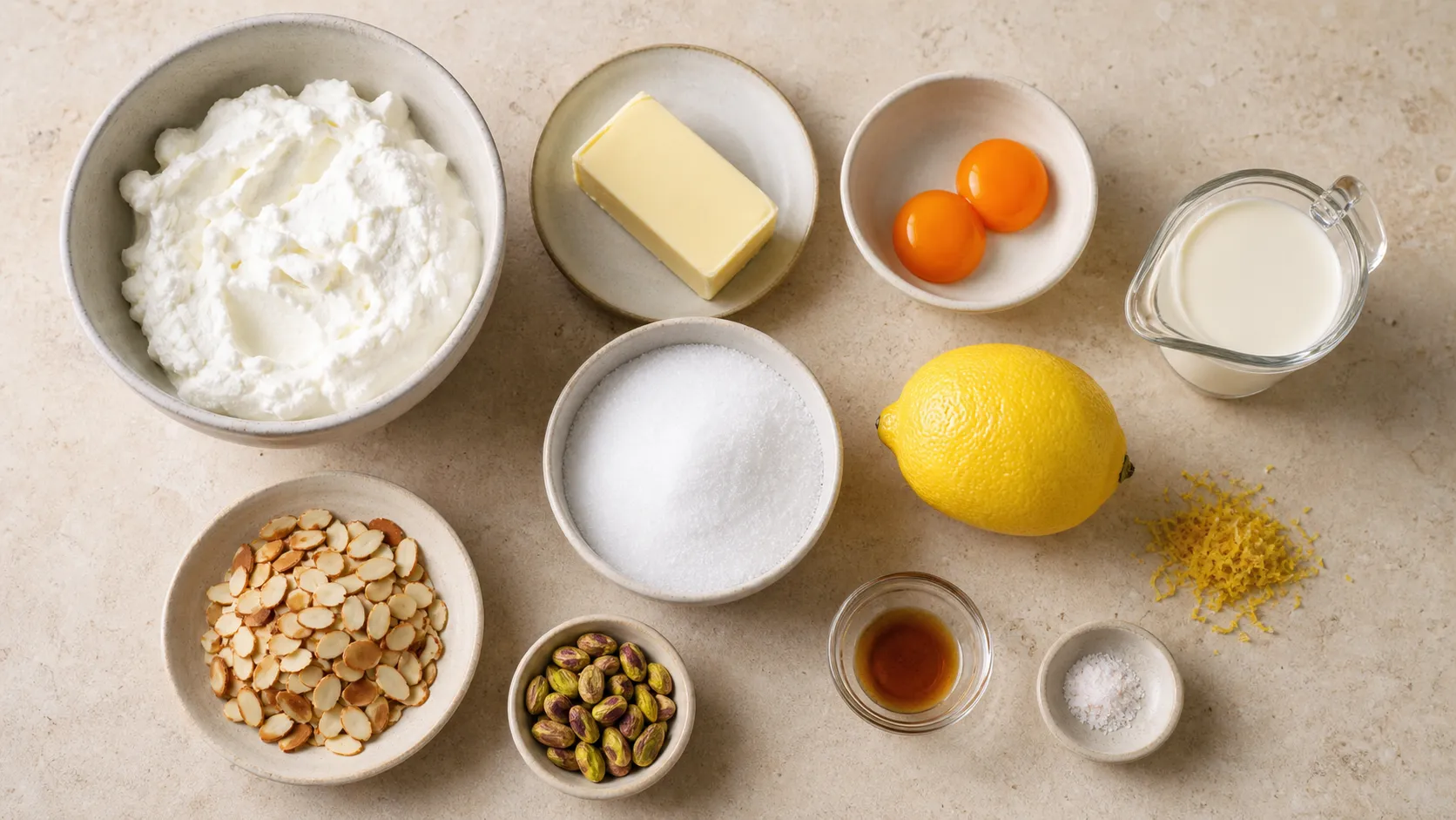 Zutaten für Keto Pascha: Sahnequark, Butter, Eigelb, Sahne, Erythrit, Mandeln, Pistazien und Zitronenschale