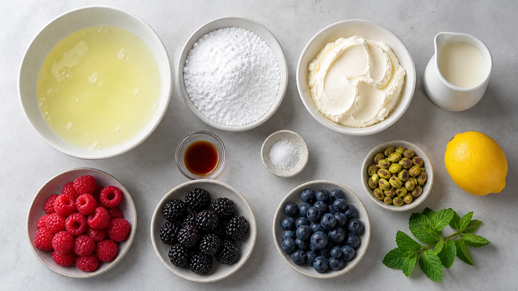 Zutaten für Keto-Pavlova: Eiweiß in einer Schüssel, Puder-Erythrit, Mascarpone, Sahne, gemischte Beeren, Pistazien, Zitrone und Vanilleextrakt