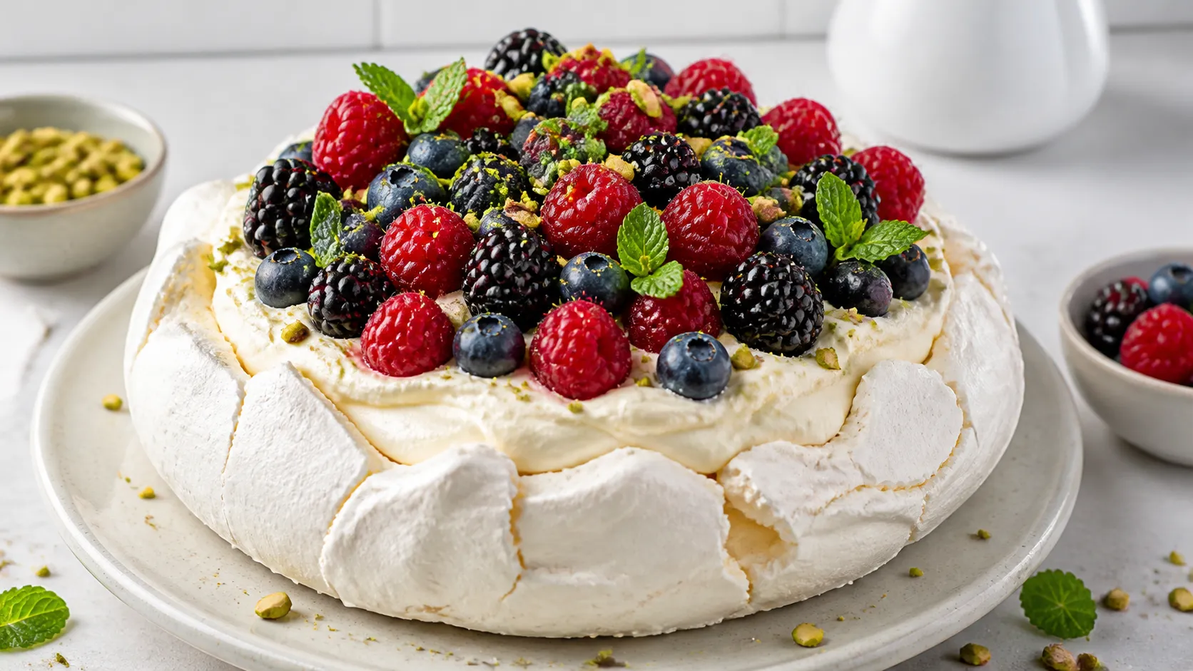 Runde Baiser-Pavlova mit Mascarpone-Sahne, Himbeeren, Brombeeren und Heidelbeeren, bestreut mit gehackten Pistazien und Minze