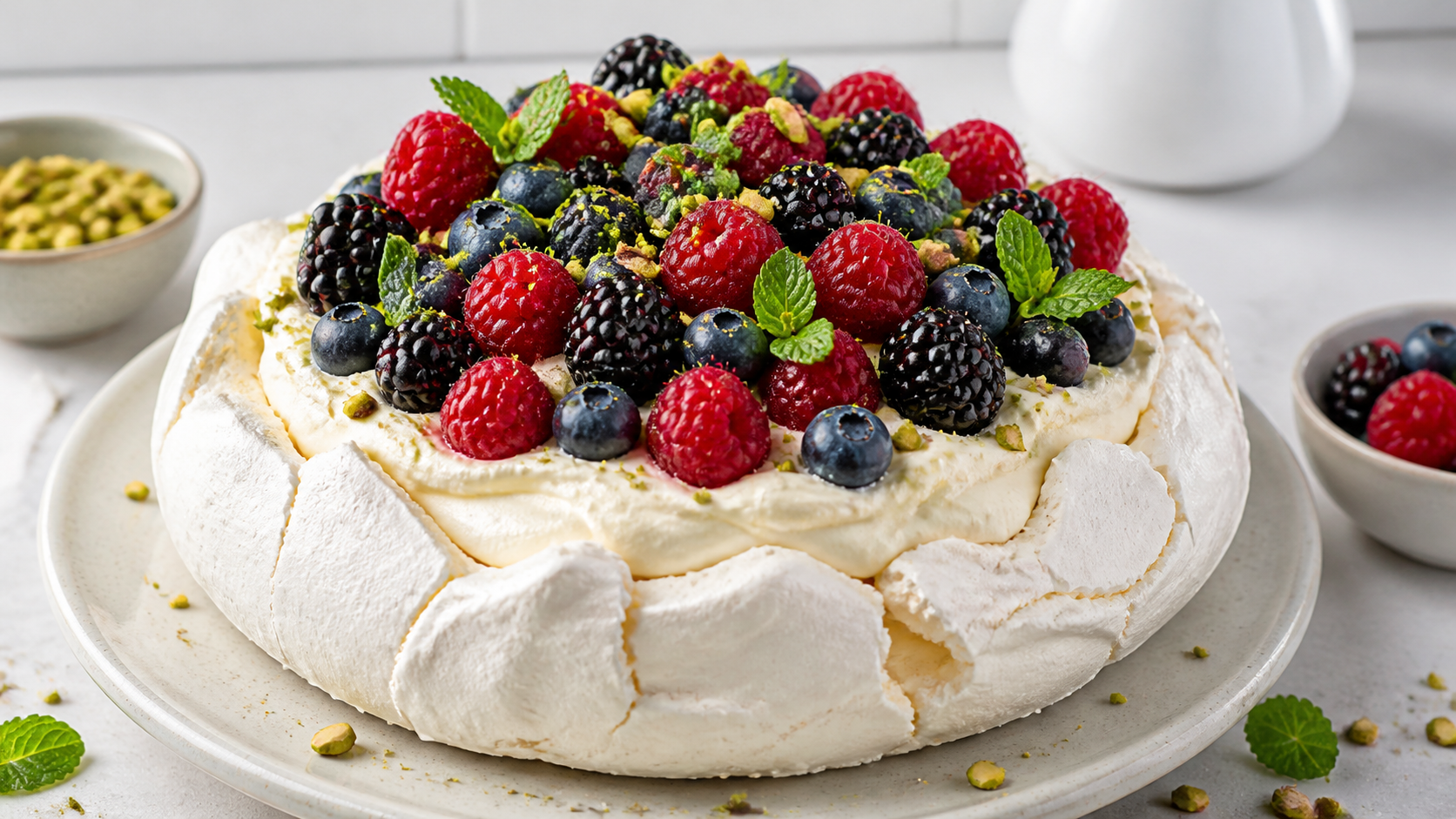 Runde Baiser-Pavlova mit Mascarpone-Sahne, Himbeeren, Brombeeren und Heidelbeeren, bestreut mit gehackten Pistazien und Minze