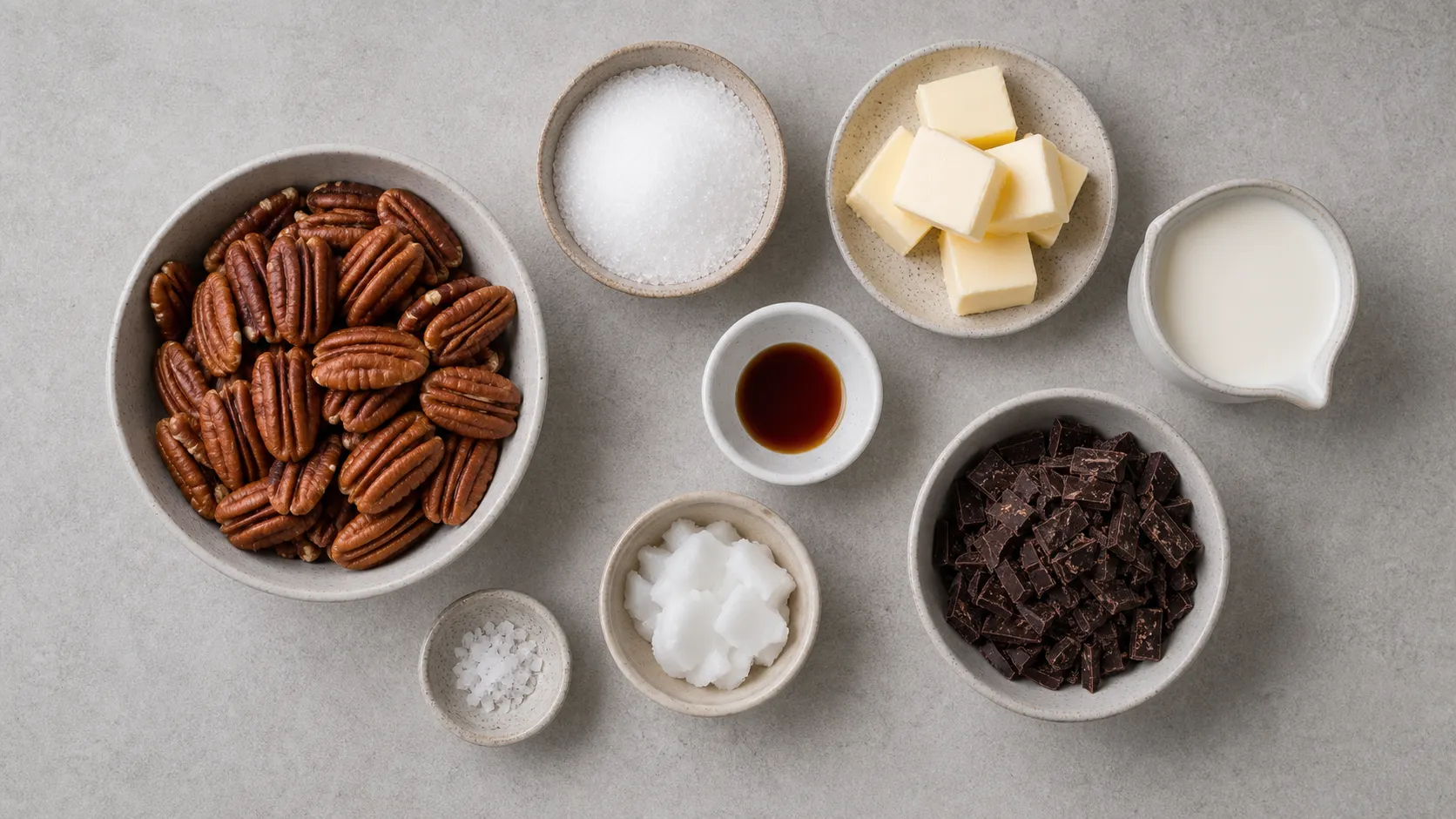 Zutaten für Keto Pekannuss-Pralinen mit Pekannüssen, Allulose, Sahne und dunkler Schokolade