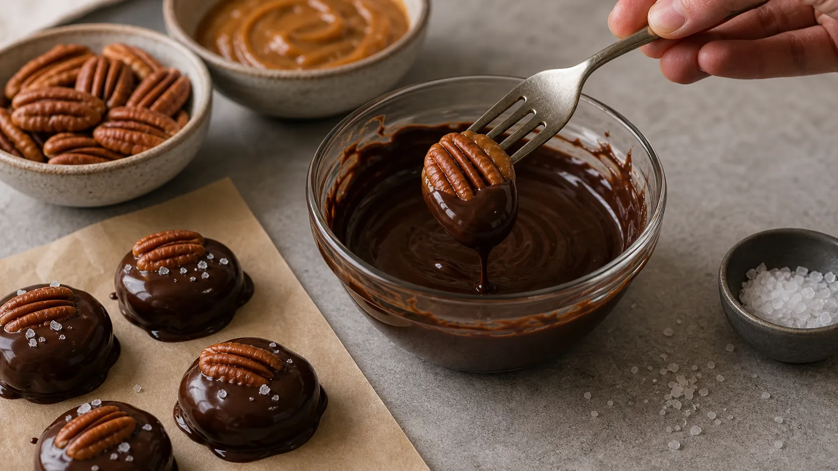 Pekannüsse werden für Keto Pralinen in geschmolzene dunkle Schokolade getaucht