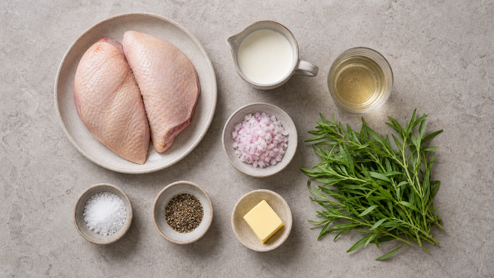 Zutaten für Keto Perlhuhn: Perlhuhnbrust, Sahne, Estragon, Schalotte, Weißwein, Butter, Salz und Pfeffer