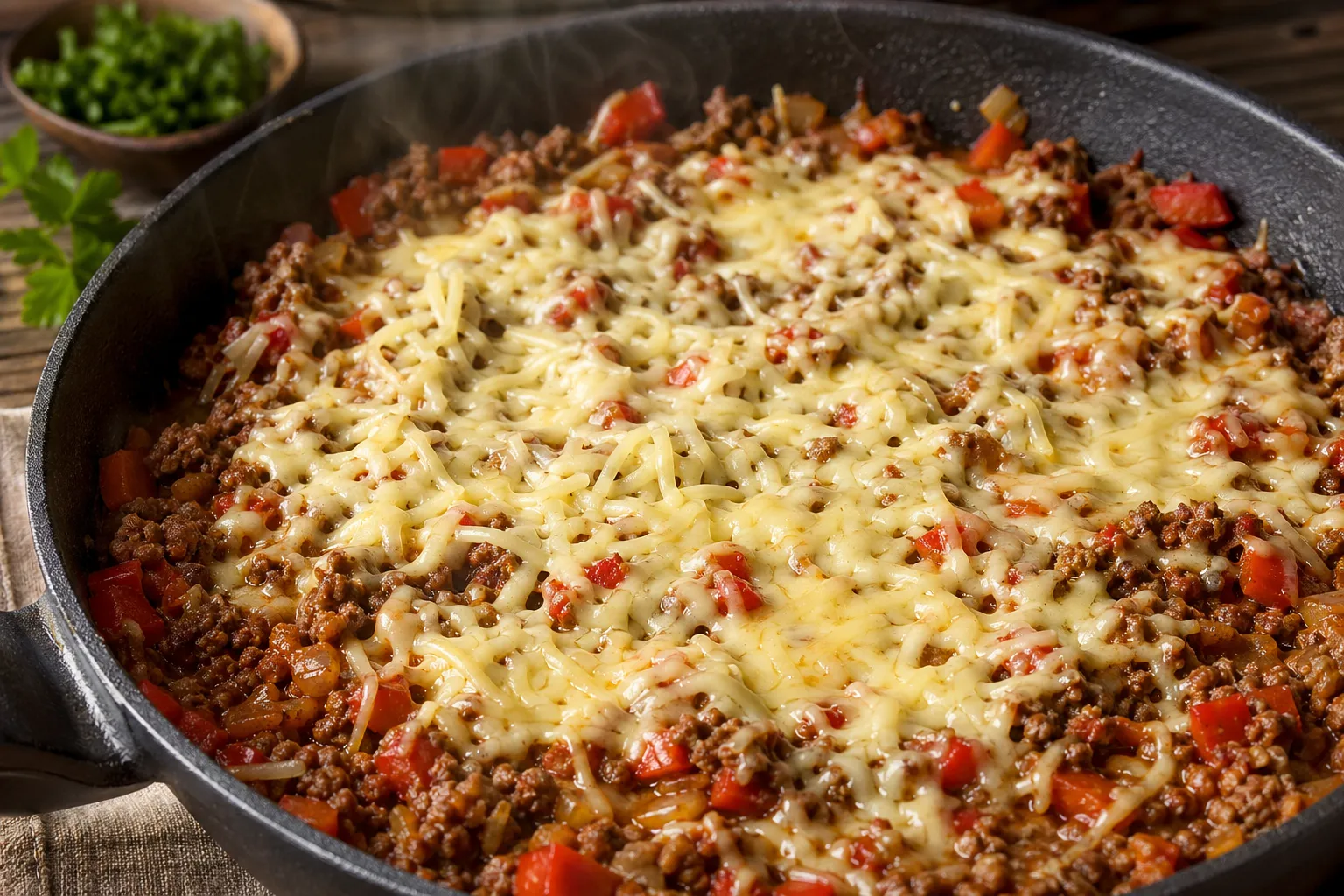 Geriebener Käse über der Rinderhack-Paprika-Pfanne schmelzen lassen