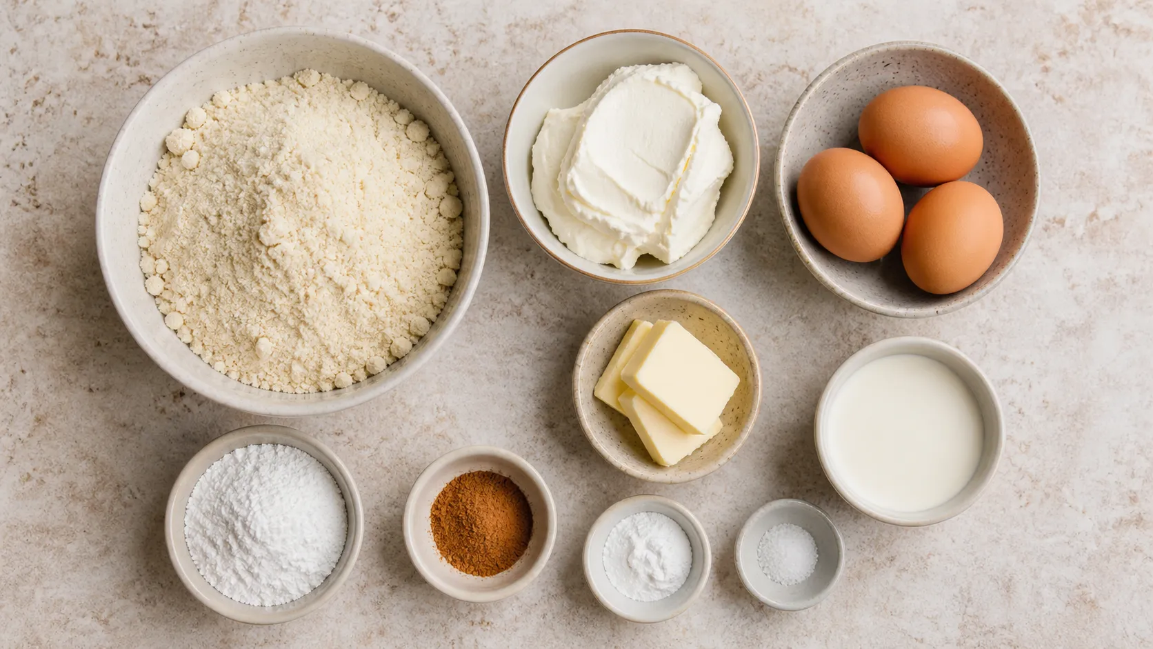 Zutaten für Keto-Pfannkuchen: Mandelmehl, Frischkäse, Eier, Sahne, Butter, Zimt und Erythrit