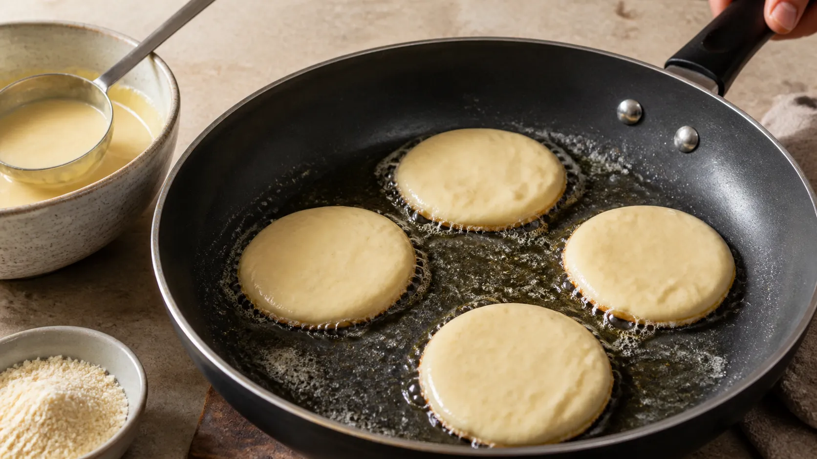 Kleine Pfannkuchen aus Mandelmehlteig braten in einer beschichteten Pfanne mit Butter