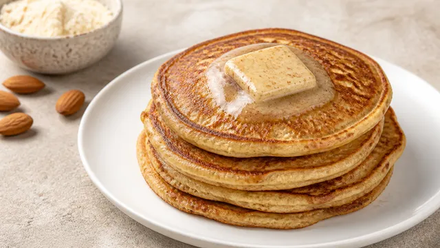 Stapel goldbrauner Keto-Pfannkuchen aus Mandelmehl mit schmelzender Zimtbutter auf einem weißen Teller