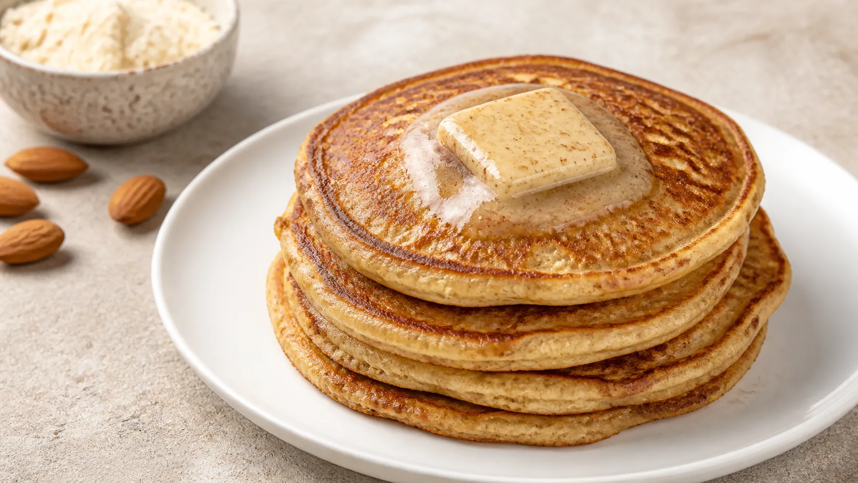 Stapel goldbrauner Keto-Pfannkuchen aus Mandelmehl mit schmelzender Zimtbutter auf einem weißen Teller
