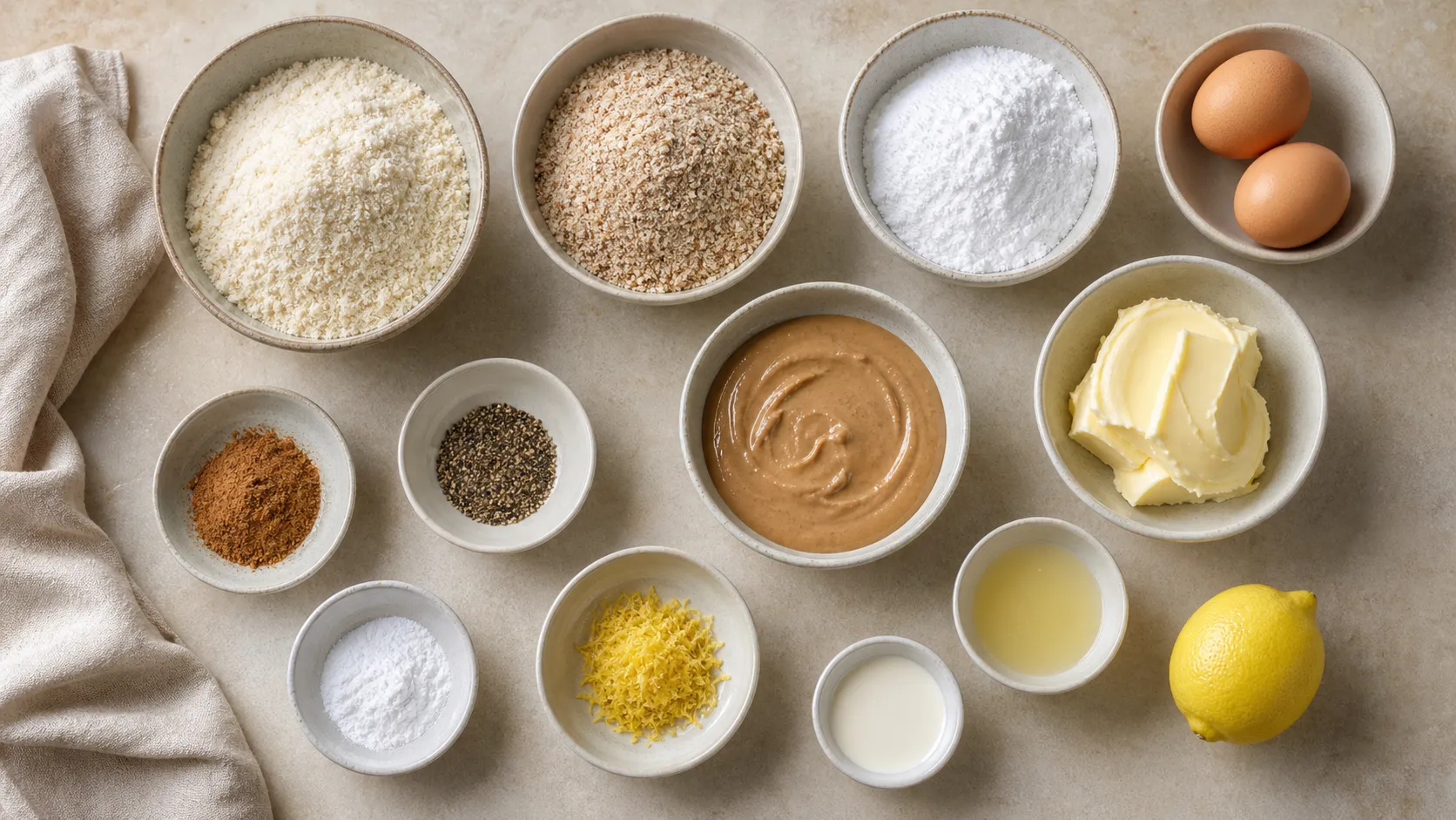 Zutaten für Keto Pfeffernüsse: Mandelmehl, gemahlene Haselnüsse, Eier, Erythrit, Lebkuchengewürz und Pfeffer