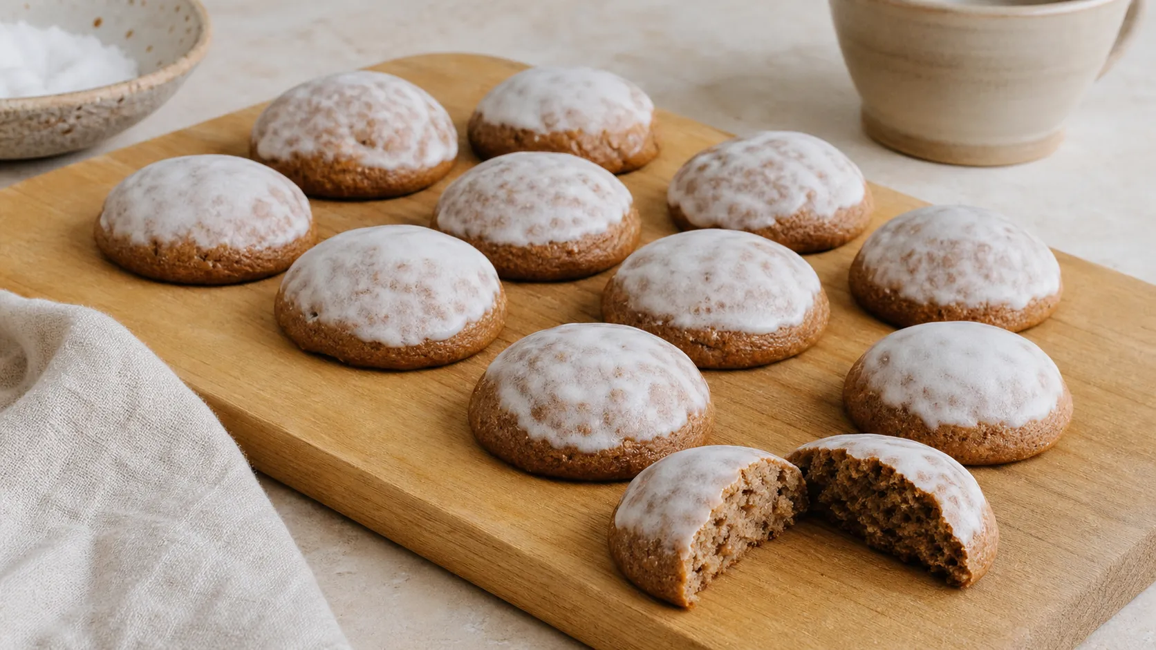 Keto Pfeffernüsse mit weißer Zitronenglasur auf einem Holzbrett