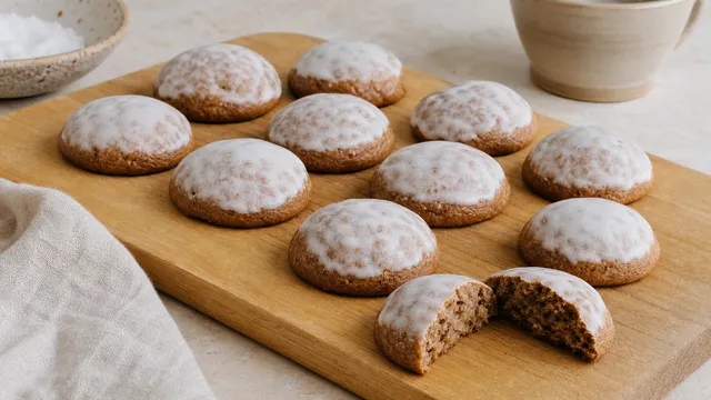 Keto Pfeffernüsse mit weißer Zitronenglasur auf einem Holzbrett