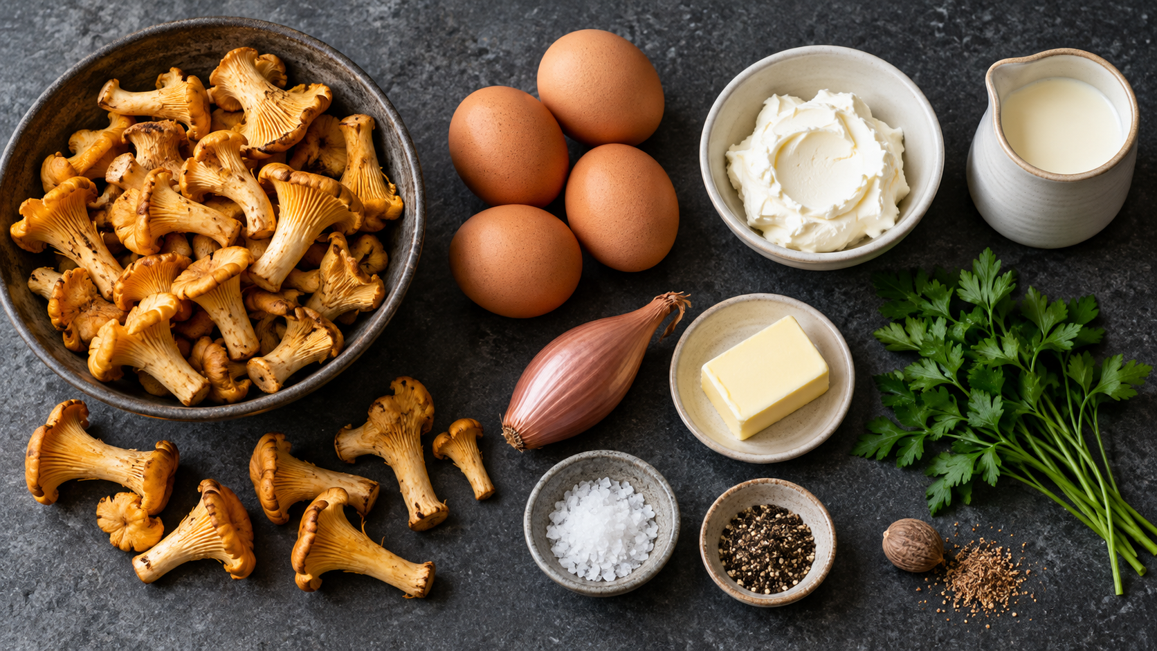 Zutaten für ein Pfifferling-Omelett: frische Pfifferlinge, Eier, Frischkäse, Butter, Schalotte und glatte Petersilie