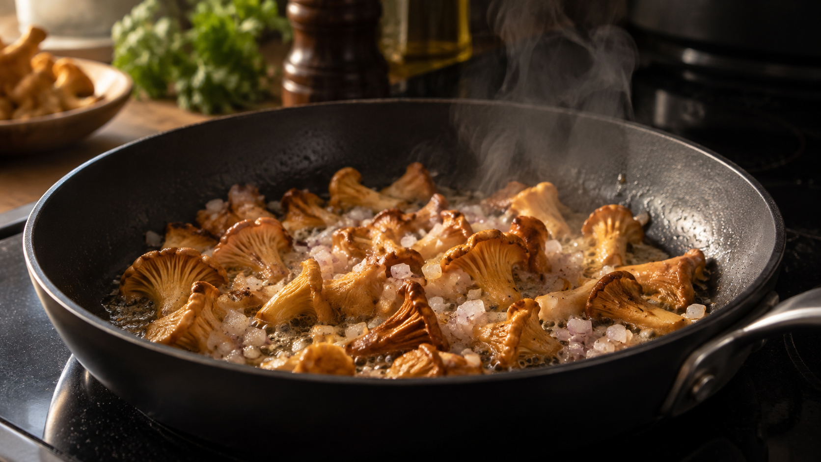 Pfifferlinge werden in einer beschichteten Pfanne in Butter gebraten, bis die Flüssigkeit verdampft ist