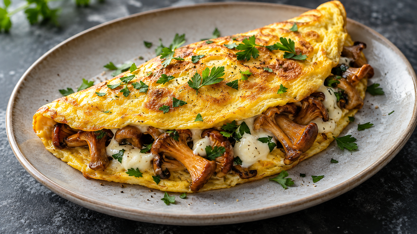 Halbmondförmig zusammengeklapptes Omelett mit Pfifferlingen und schmelzendem Frischkäse, bestreut mit Petersilie