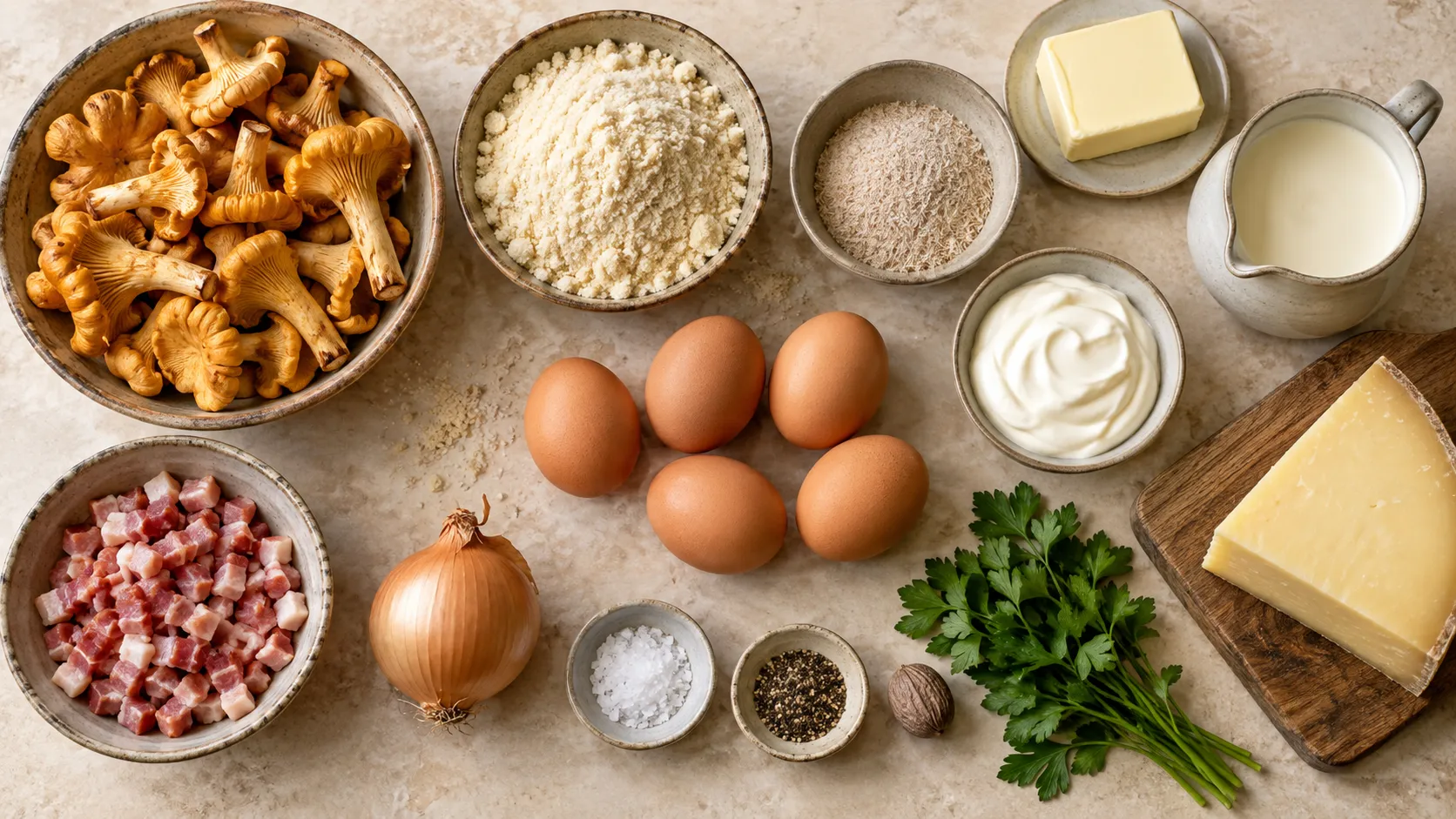Zutaten für die Keto-Pfifferling-Quiche: eine Schale frischer Pfifferlinge, Mandelmehl, Butter, Eier, Sahne, Crème fraîche, Speckwürfel, Zwiebel und Petersilie