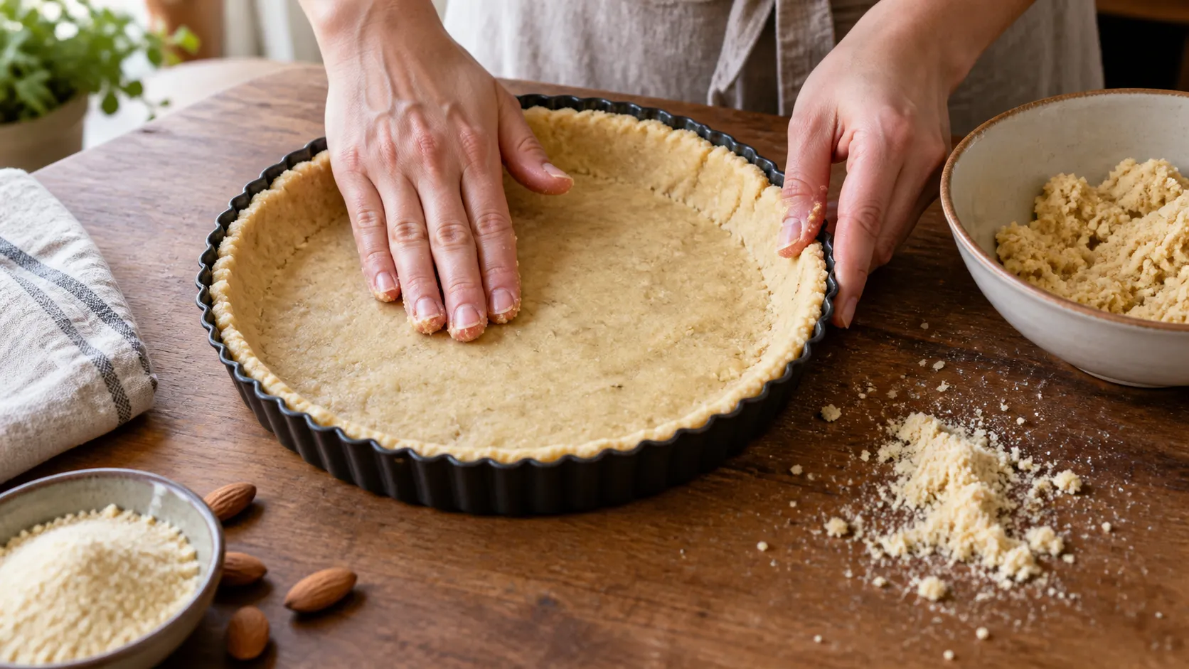 Hände drücken einen hellen Mandelmehlteig gleichmäßig in eine gefettete Tarteform mit hochgezogenem Rand