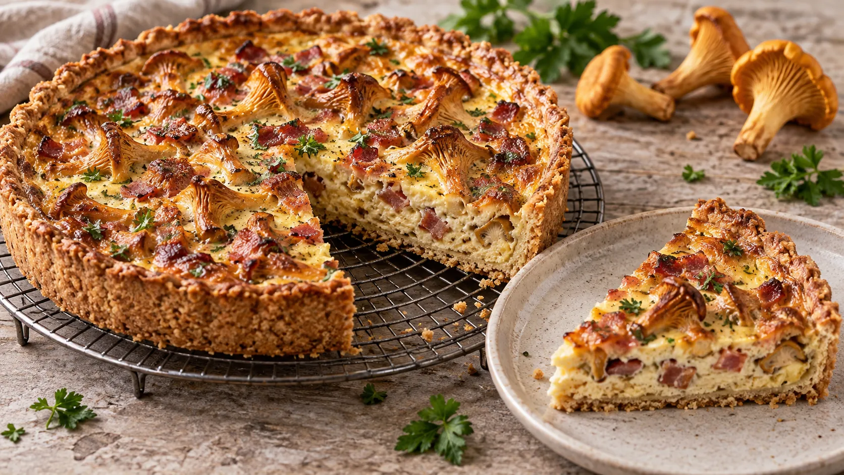 Angeschnittene goldbraune Quiche mit sichtbaren Pfifferlingen und Speckwürfeln auf einem Kuchengitter, ein Stück liegt daneben auf einem Teller