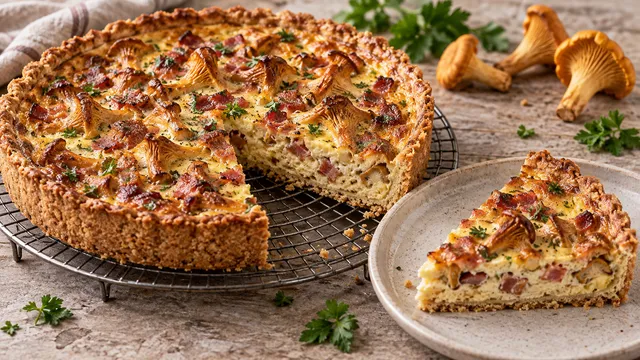 Angeschnittene goldbraune Quiche mit sichtbaren Pfifferlingen und Speckwürfeln auf einem Kuchengitter, ein Stück liegt daneben auf einem Teller
