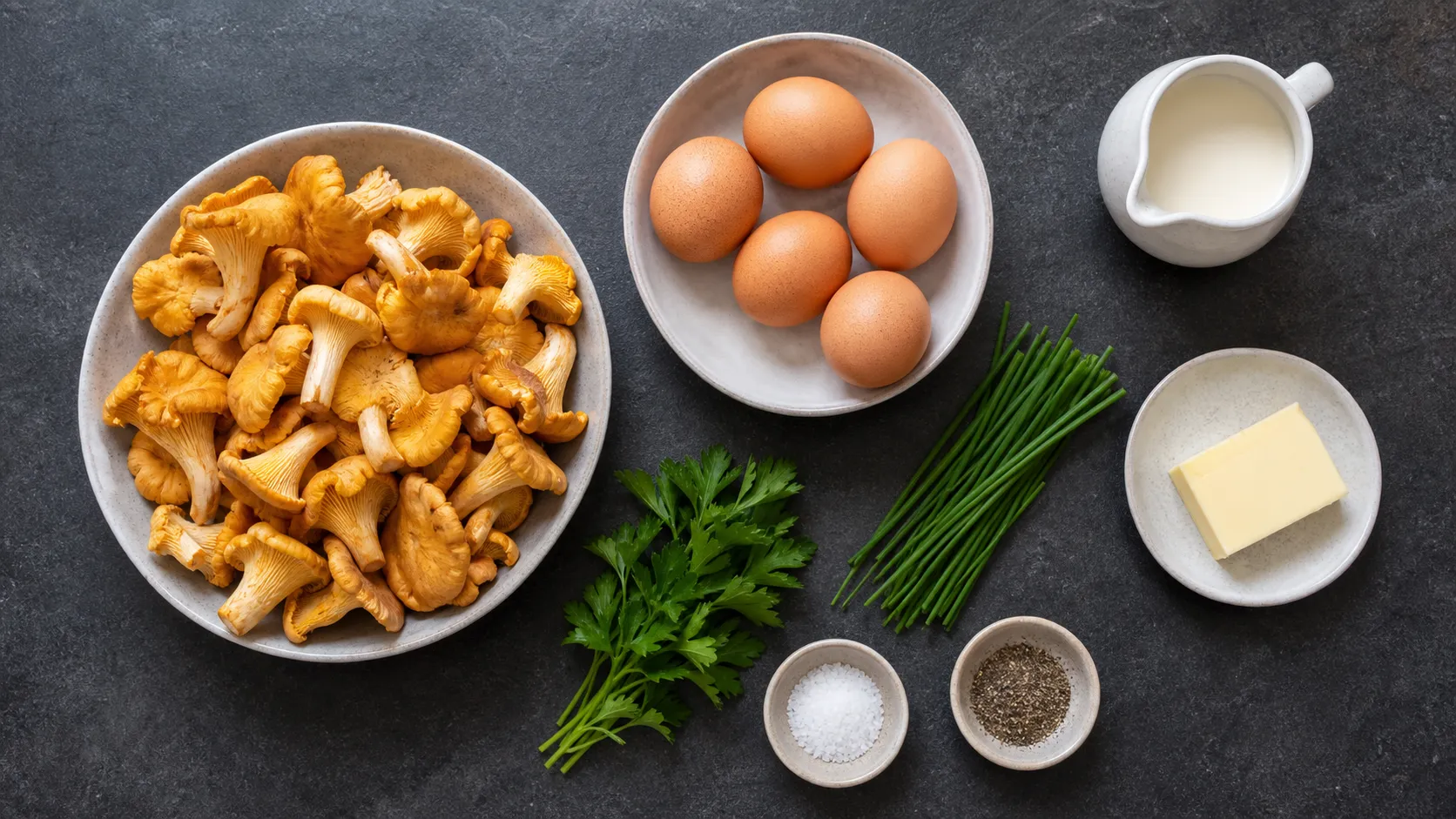 Zutaten für Keto-Pfifferling-Rührei: frische Pfifferlinge, Eier, Butter, Sahne und Petersilie