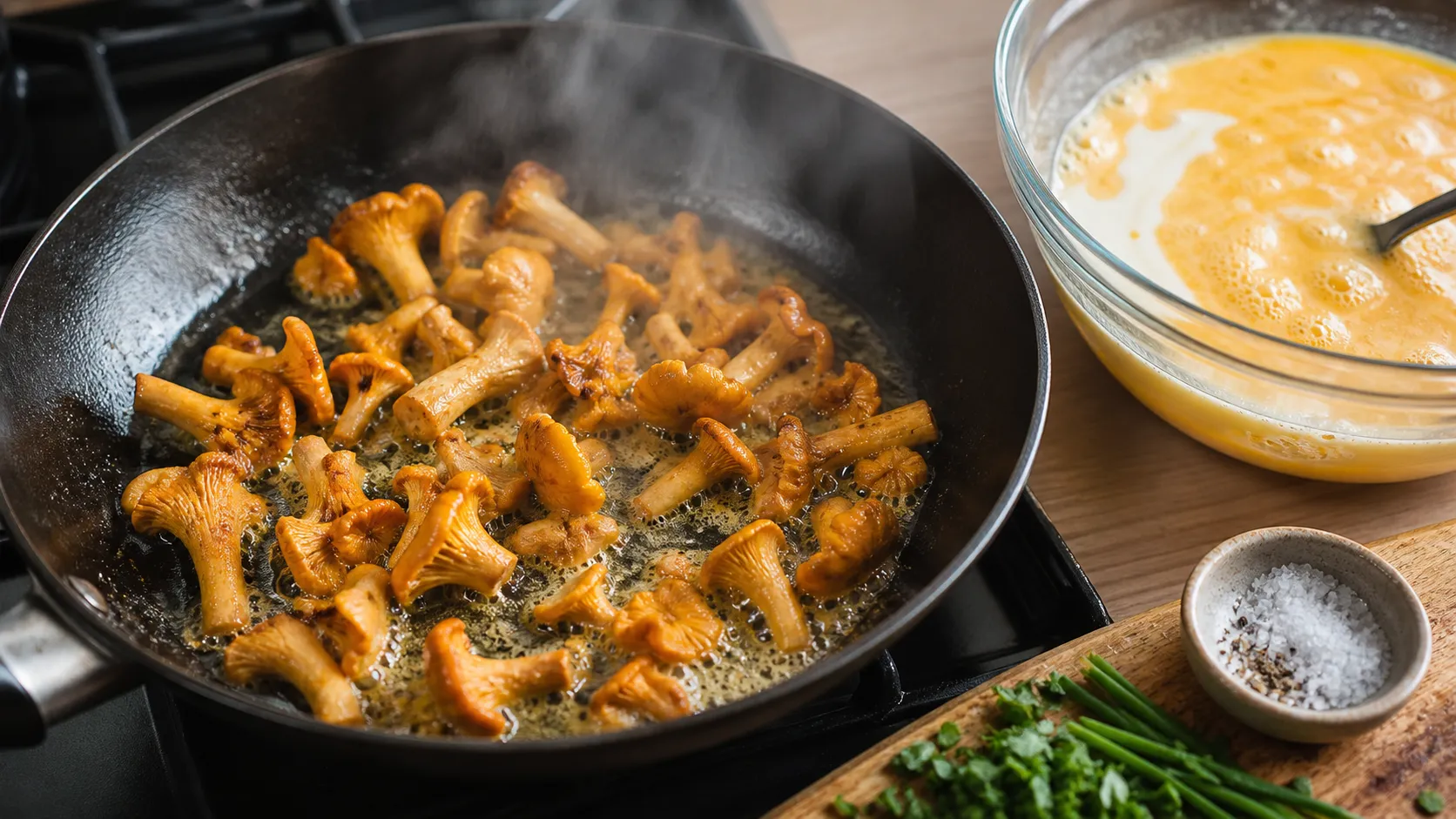 Pfifferlinge braten in Butter in der Pfanne, daneben die verquirlte Eimasse