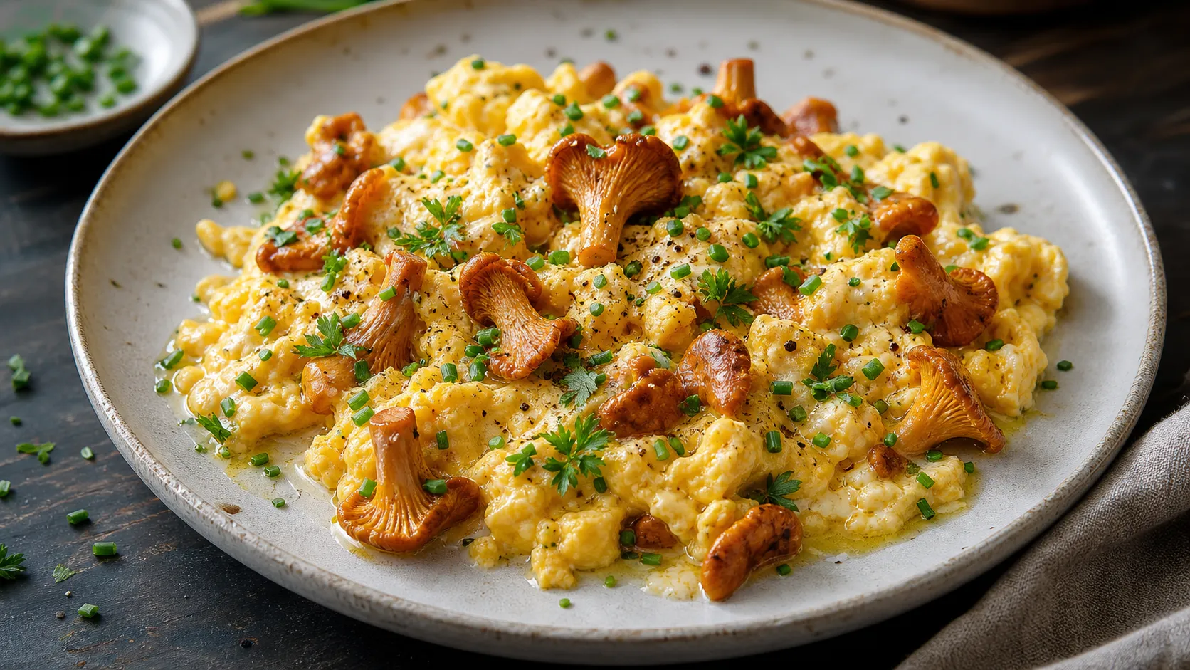 Cremiges Keto-Rührei mit goldgelben Pfifferlingen, Petersilie und Schnittlauch auf einem Teller