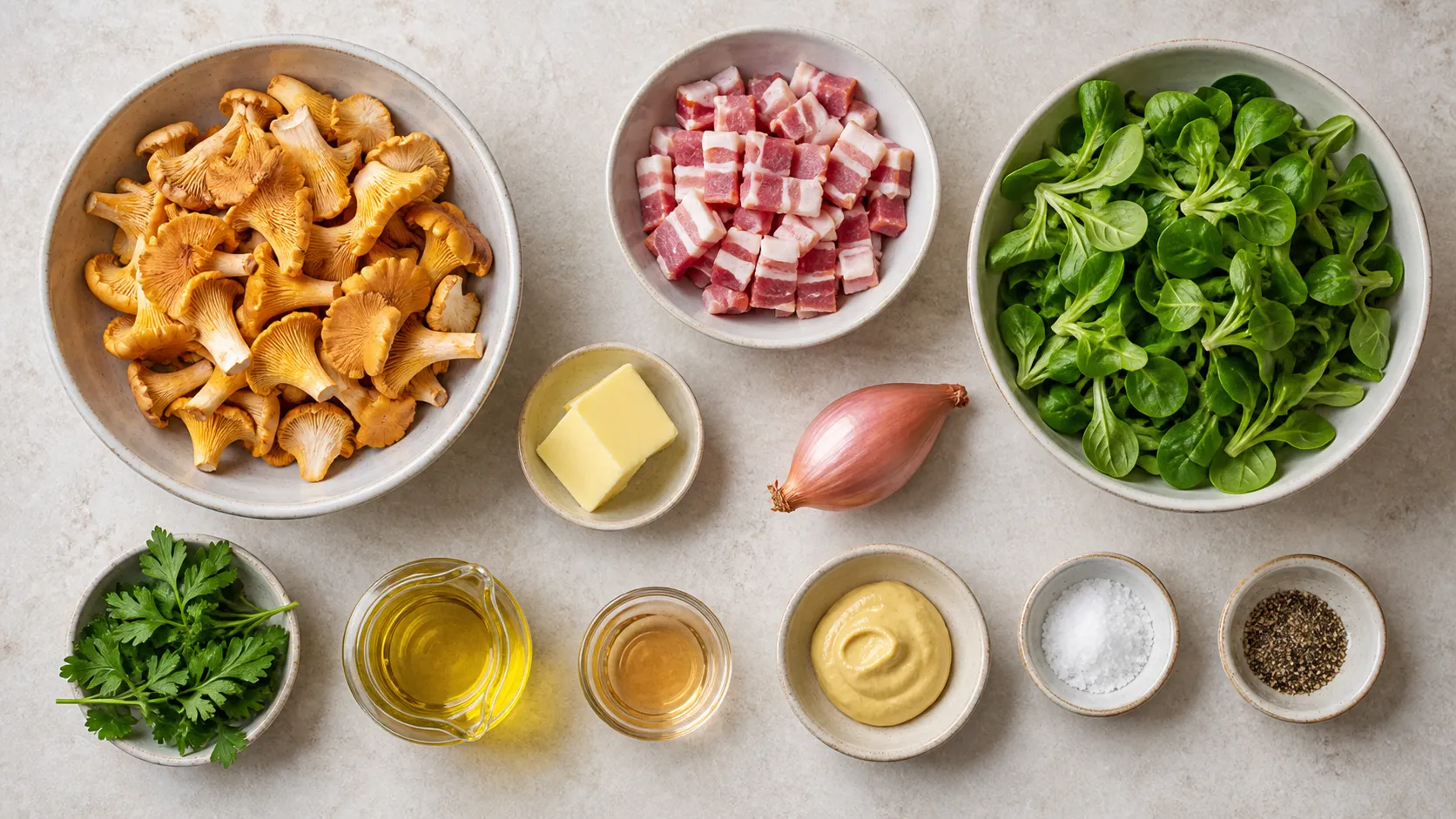 Zutaten für die Keto-Pfifferlingpfanne: frische Pfifferlinge, Speckwürfel, Schalotte, Feldsalat, Butter und Petersilie
