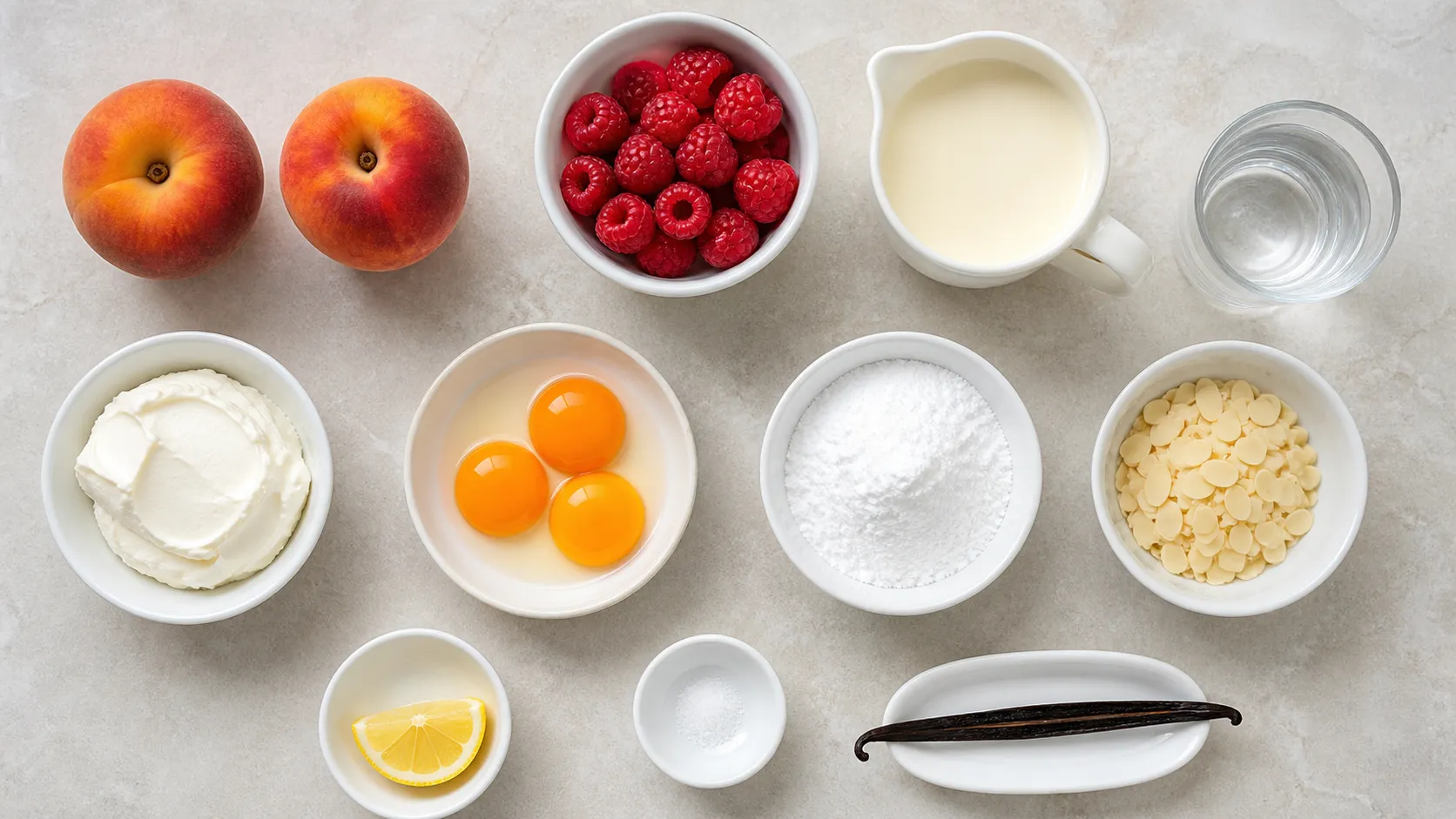 Zutaten für Keto-Pfirsich Melba: Pfirsiche, Himbeeren, Sahne, Mascarpone, Eigelb, Vanilleschote, Erythrit und Mandelblättchen