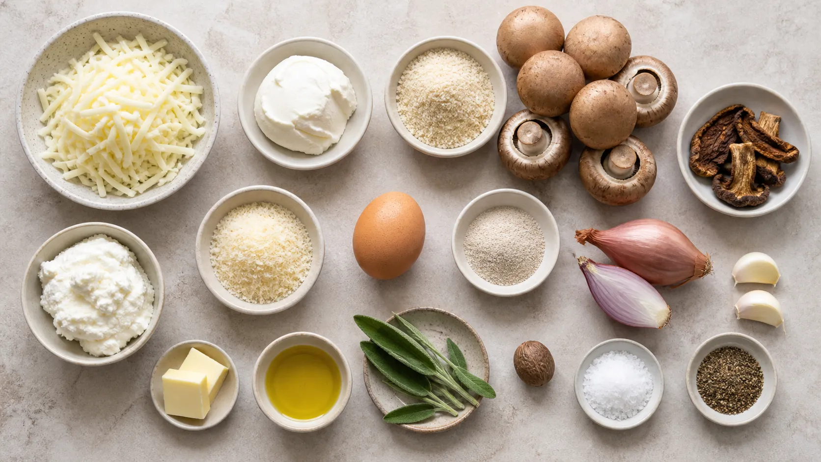 Zutaten für Keto Ravioli: geriebener Mozzarella, Mandelmehl, Ei, Steinpilze, Champignons, Ricotta und Salbei