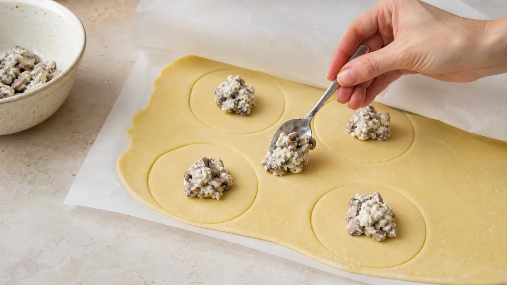 Dünn ausgerollter Käseteig zwischen Backpapier, darauf Häufchen Pilzfüllung vor dem Verschließen der Ravioli