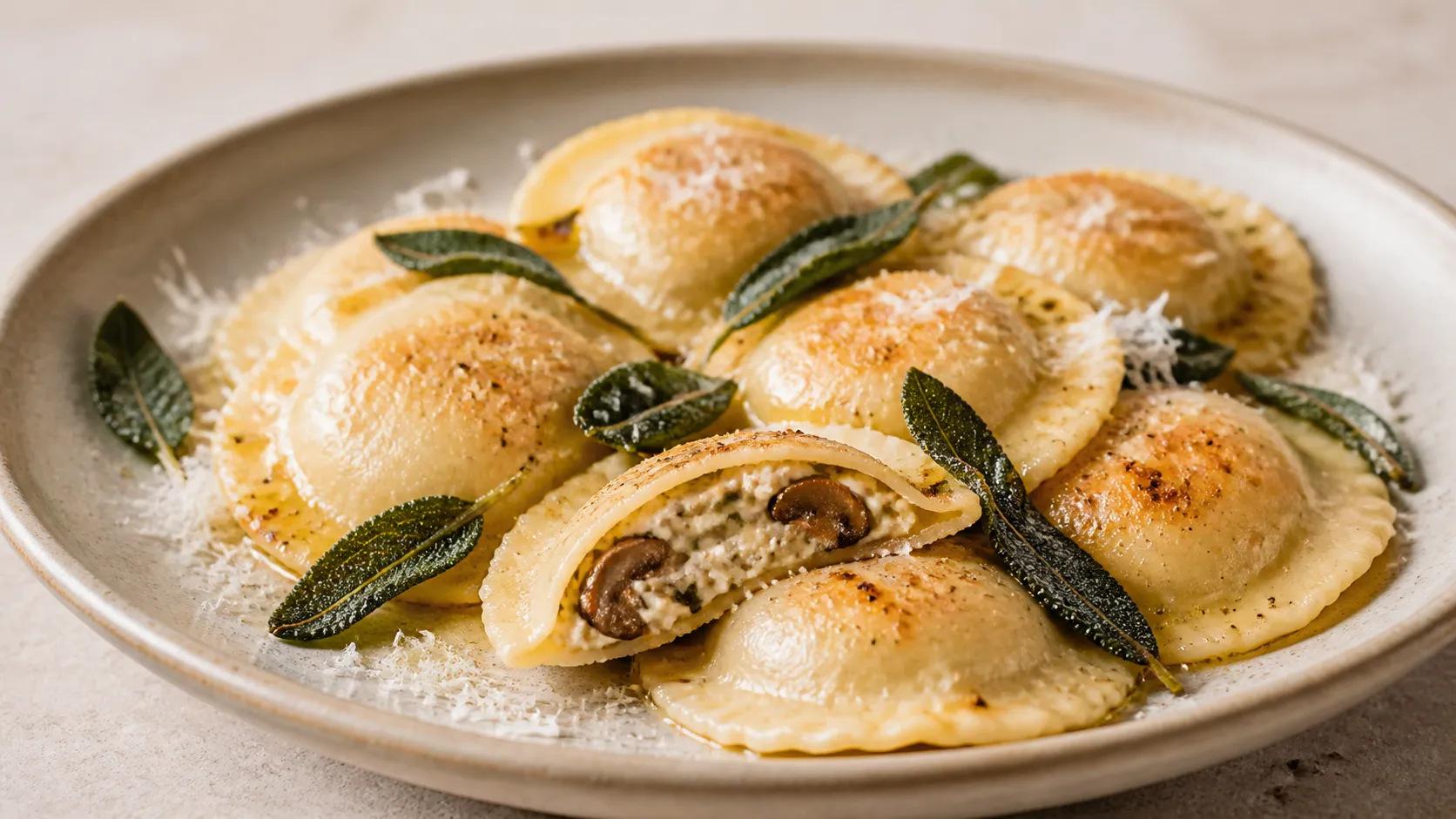 Keto Ravioli mit Pilzfüllung auf einem Teller, übergossen mit brauner Salbeibutter und geriebenem Parmesan