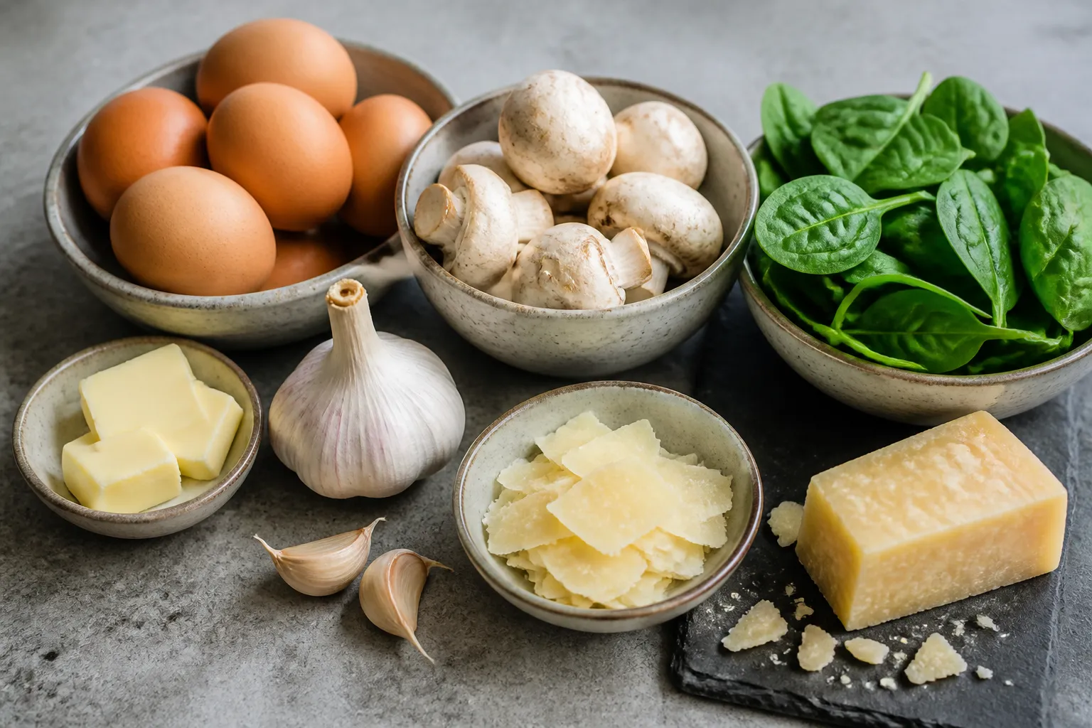 Zutaten für Keto-Pilz-Rührei: Eier, Champignons, frischer Blattspinat, Parmesan und Butter