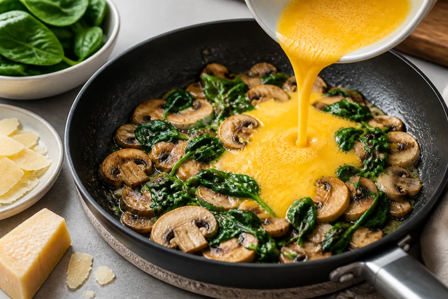 Champignons und Spinat braten in der Pfanne, bevor die verquirlten Eier dazukommen